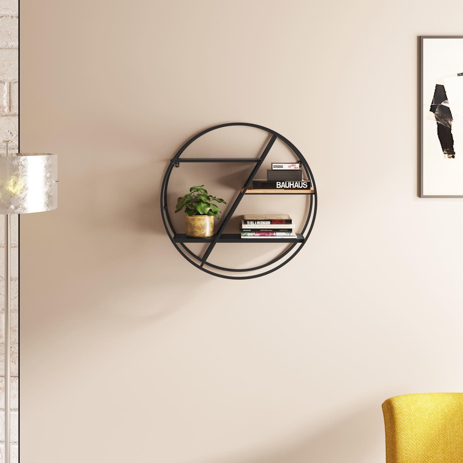 Libreria sospesa rotonda 60 cm in metallo nero e rovere chiaro - Gulsa