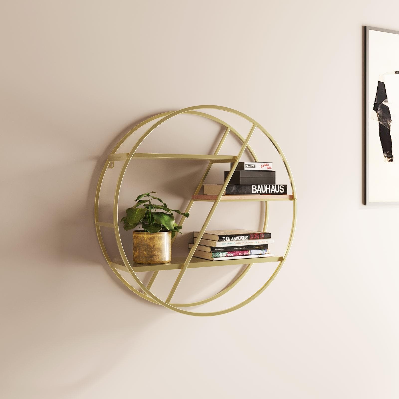 Libreria sospesa rotonda 60 cm in metallo oro e rovere chiaro - Gulsa