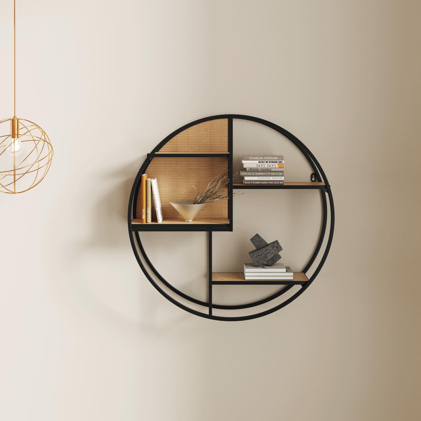 Libreria sospesa rotonda 60 cm metallo nero e rovere chiaro - Gukrul