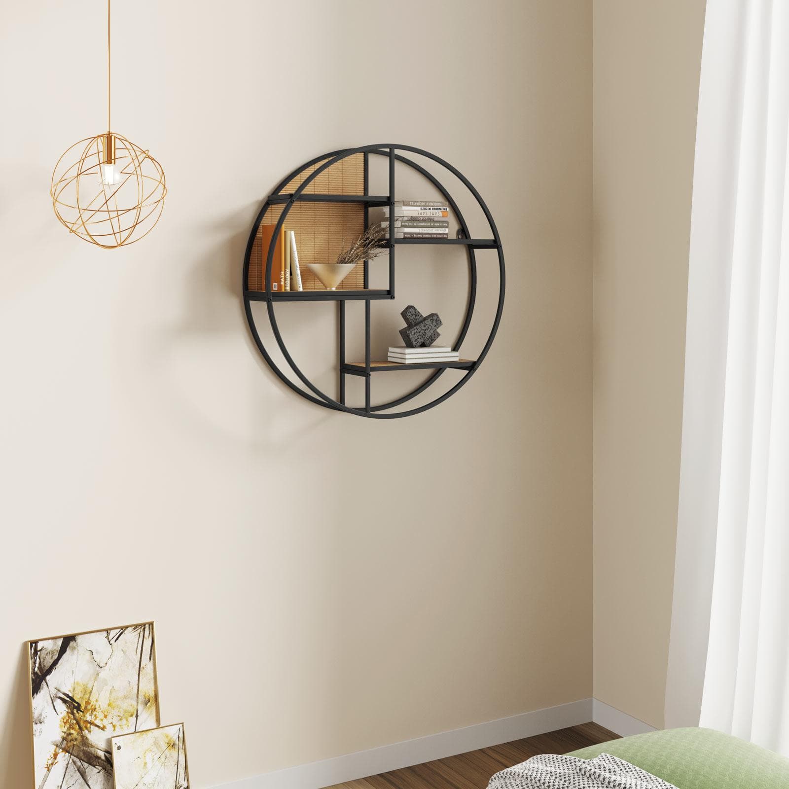 Libreria sospesa rotonda 60 cm metallo nero e rovere chiaro - Gukrul