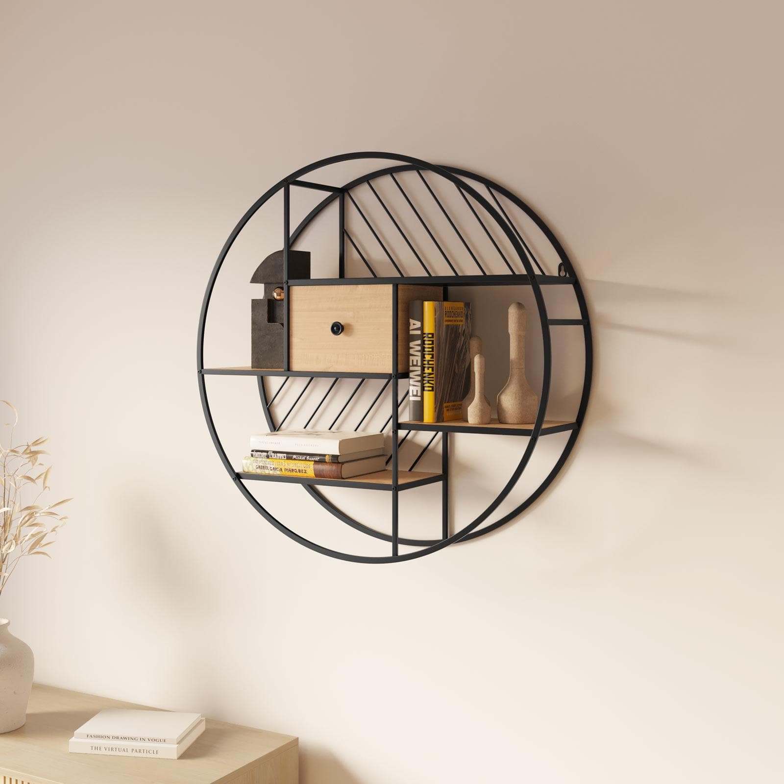 Libreria sospesa rotonda 70 cm in metallo nero e rovere chiaro con 1 cassetto - Beorn