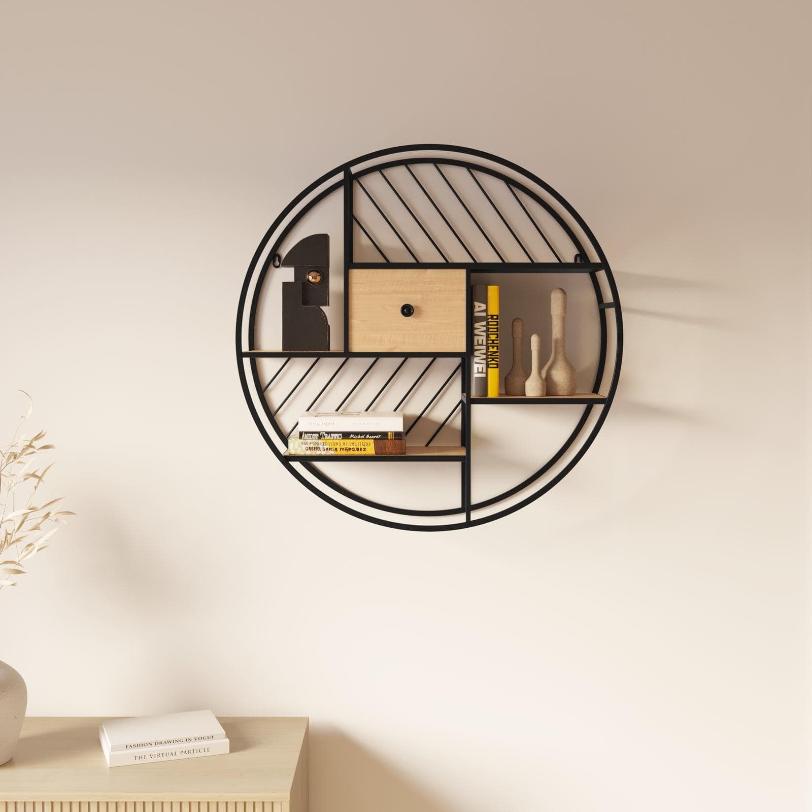 Libreria sospesa rotonda 70 cm in metallo nero e rovere chiaro con 1 cassetto - Beorn