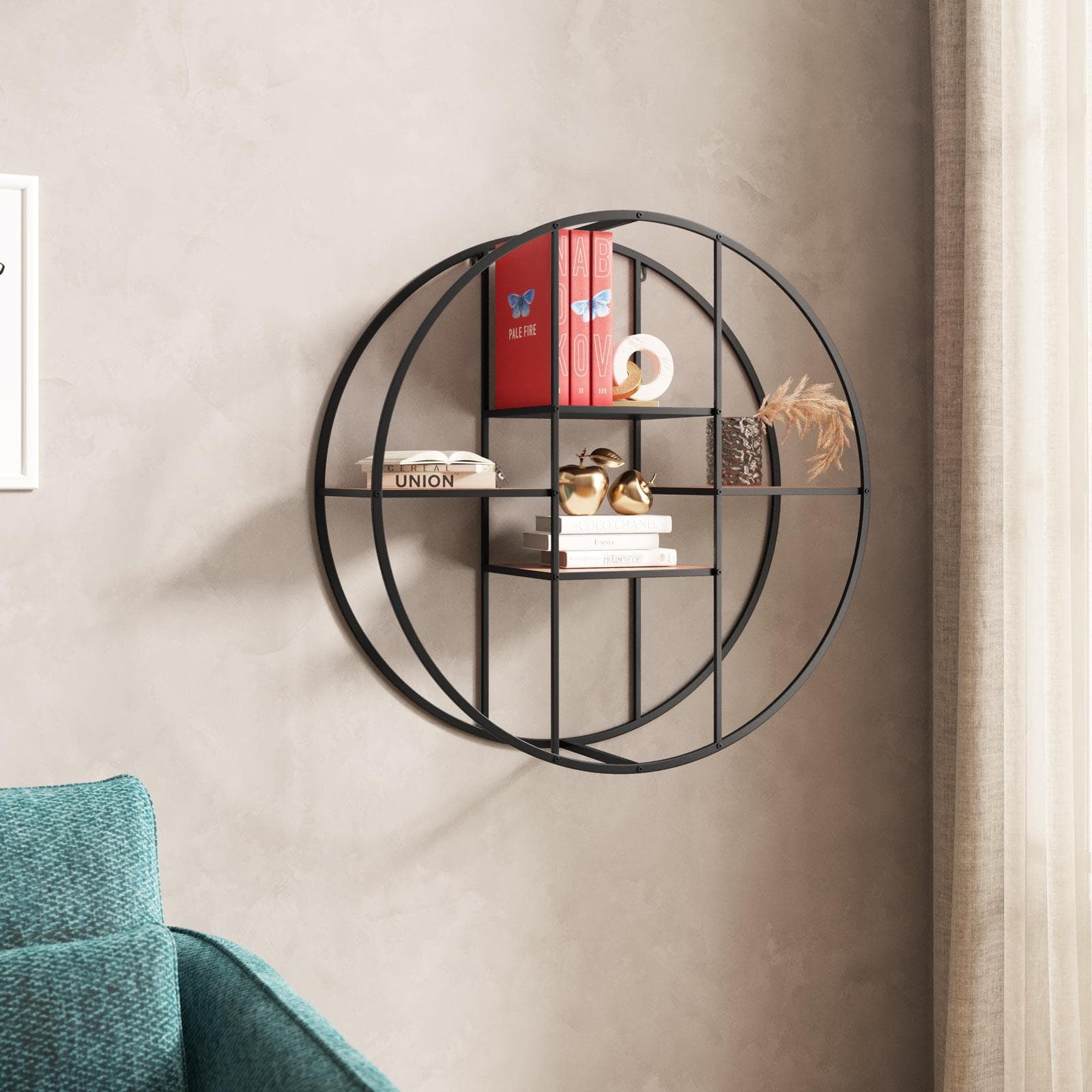 Libreria sospesa rotonda 80 cm in metallo nero e rovere chiaro - Kocen