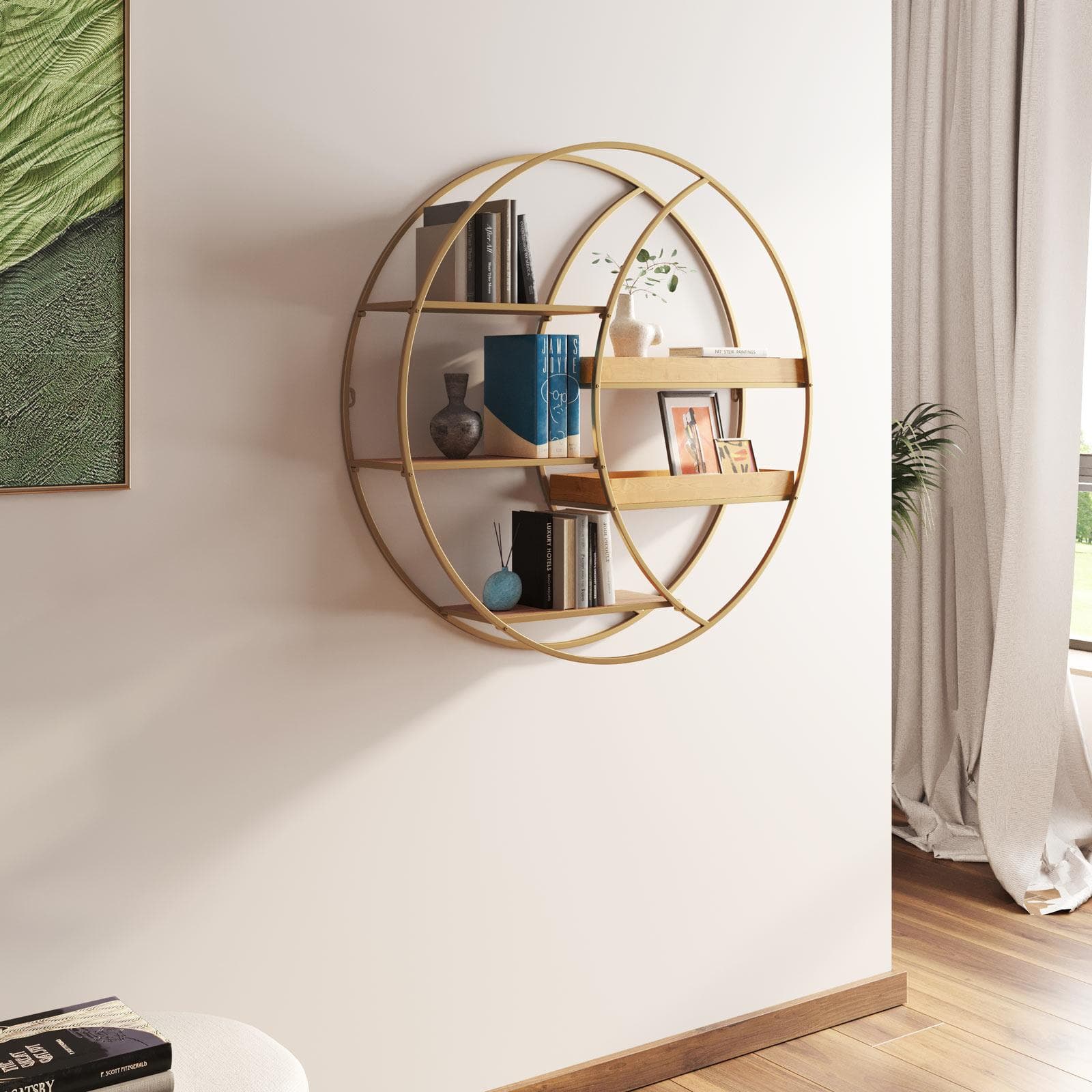 Libreria sospesa rotonda 80 cm in metallo rame e rovere chiaro - Yamar