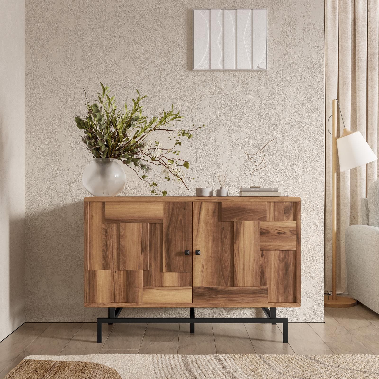 Madia 118x80h cm in legno di acacia e struttura in metallo nero con 2 ante - Baktu