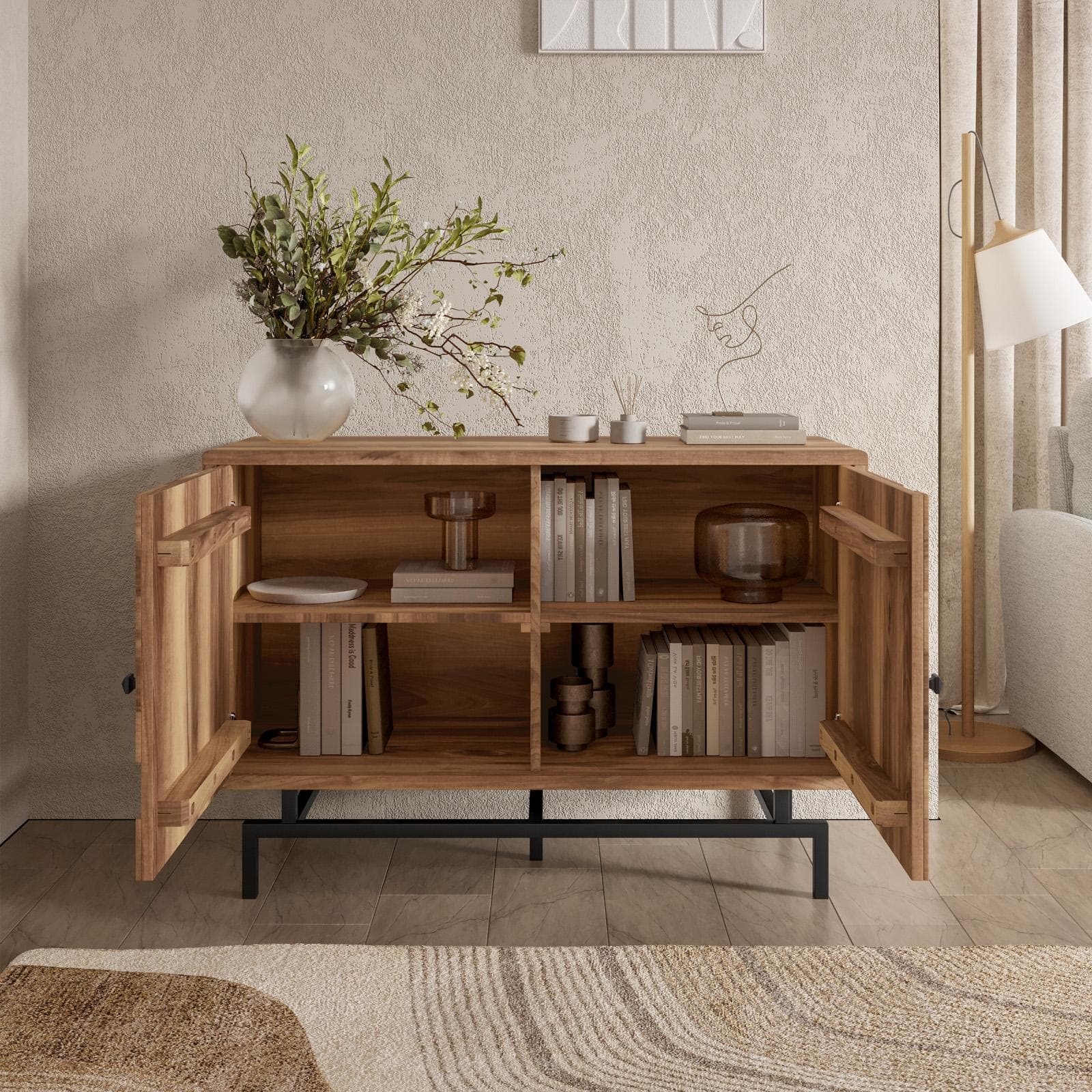 Madia 118x80h cm in legno di acacia e struttura in metallo nero con 2 ante - Baktu