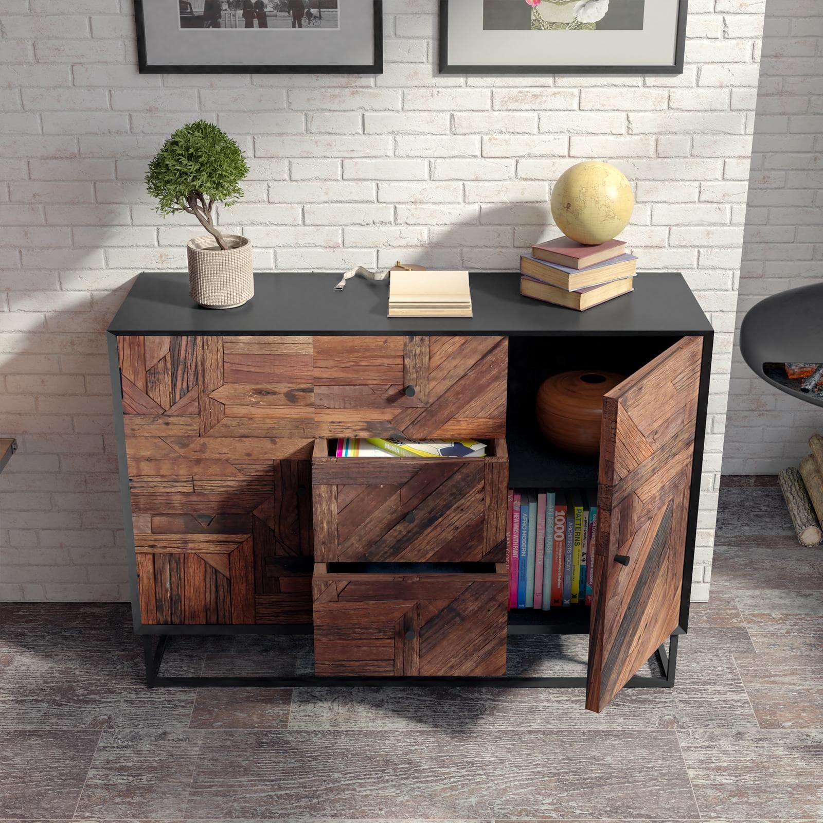 Madia 120x85h cm in legno naturale effetto invecchiato e metallo nero - Desindos