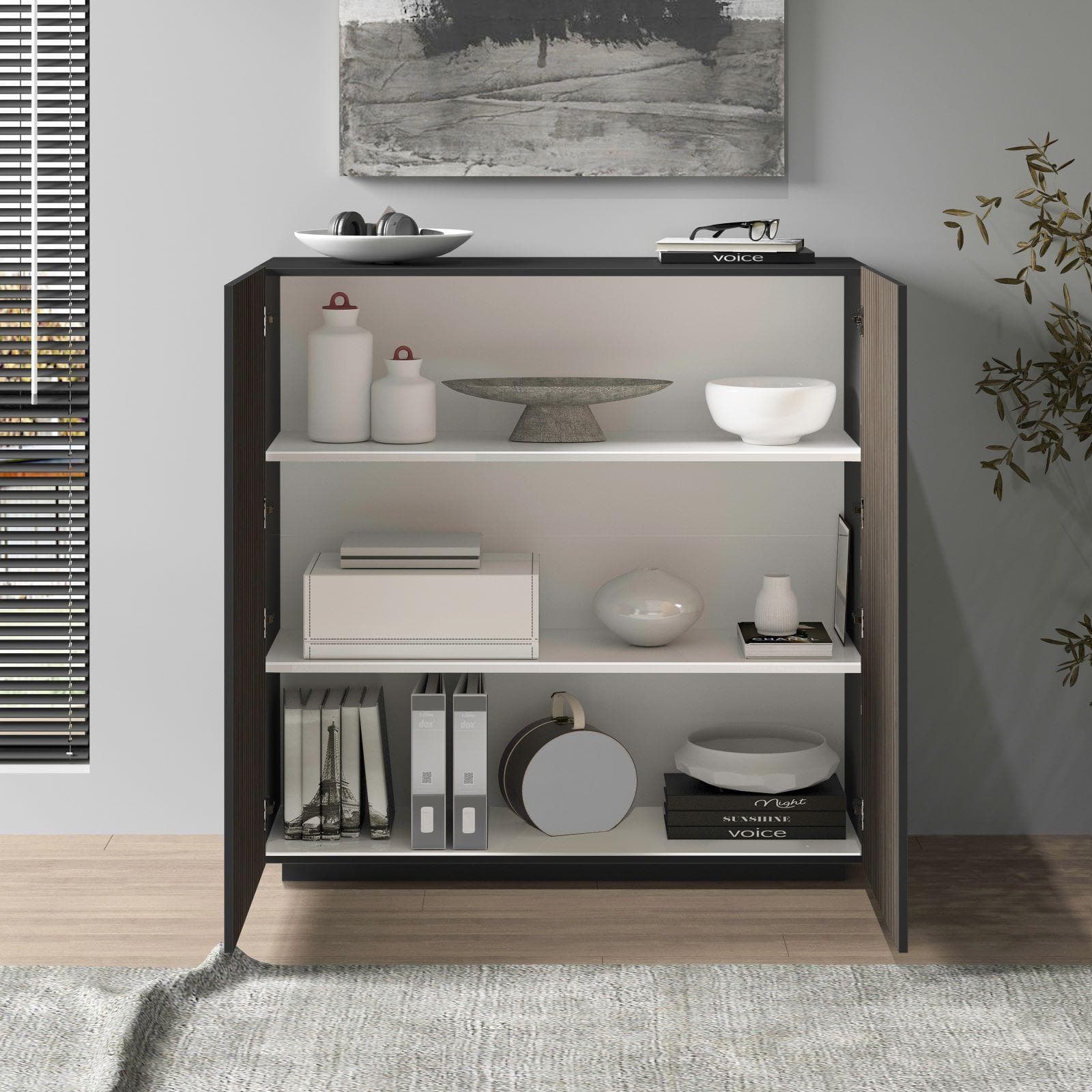Credenza 120x126h cm antracite opaco con 2 ante effetto legno scuro cannettato - Roots