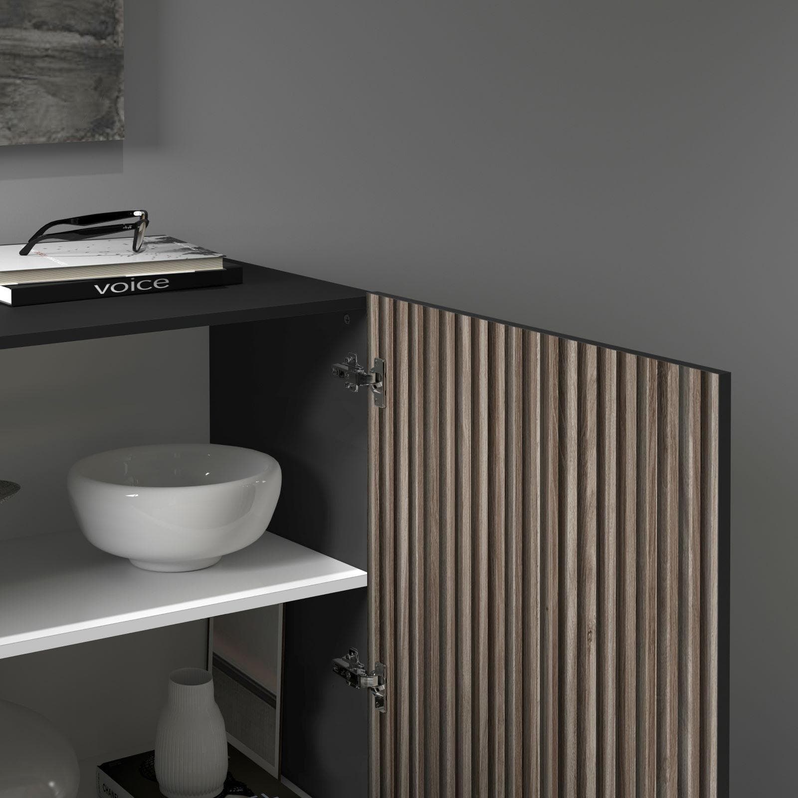 Credenza 120x126h cm antracite opaco con 2 ante effetto legno scuro cannettato - Roots