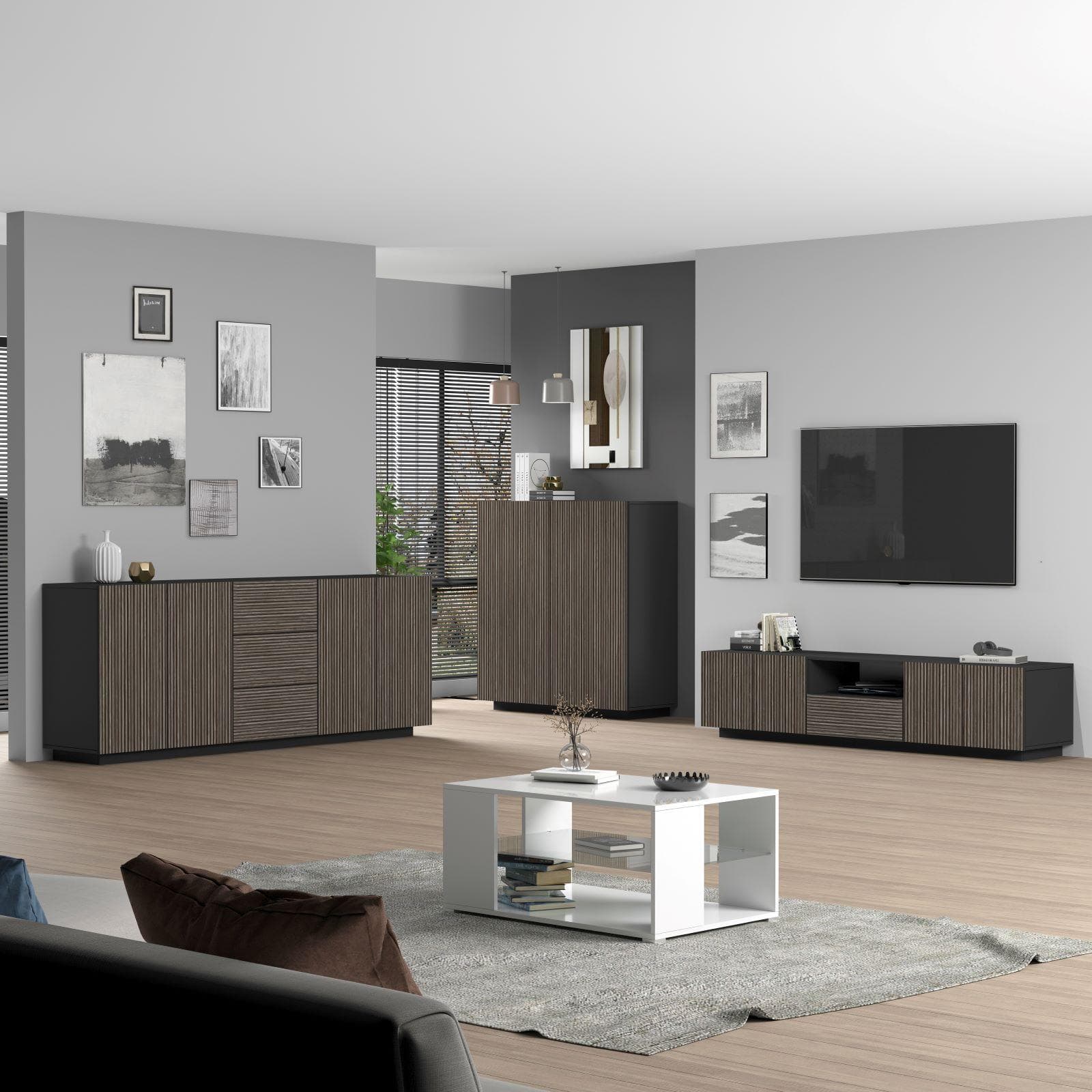 Credenza 120x126h cm antracite opaco con 2 ante effetto legno scuro cannettato - Roots
