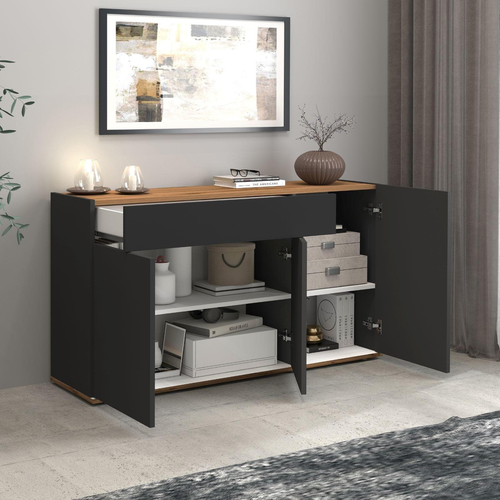 Madia 120x70h cm antracite opaco top rovere wotan con 3 ante 1 cassetto - Loira