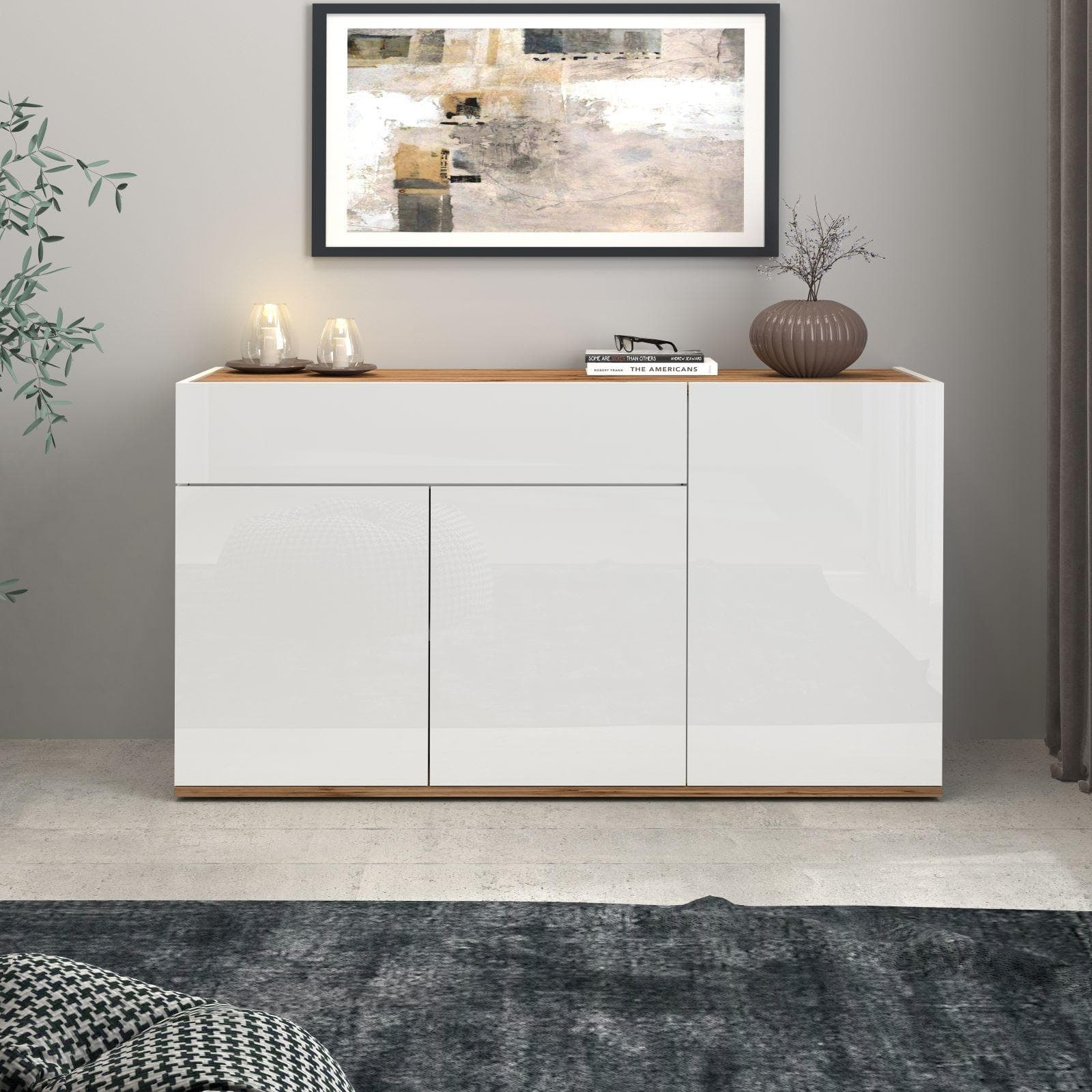 Madia 120x70h cm bianco lucido top rovere wotan con 3 ante 1 cassetto - Loira
