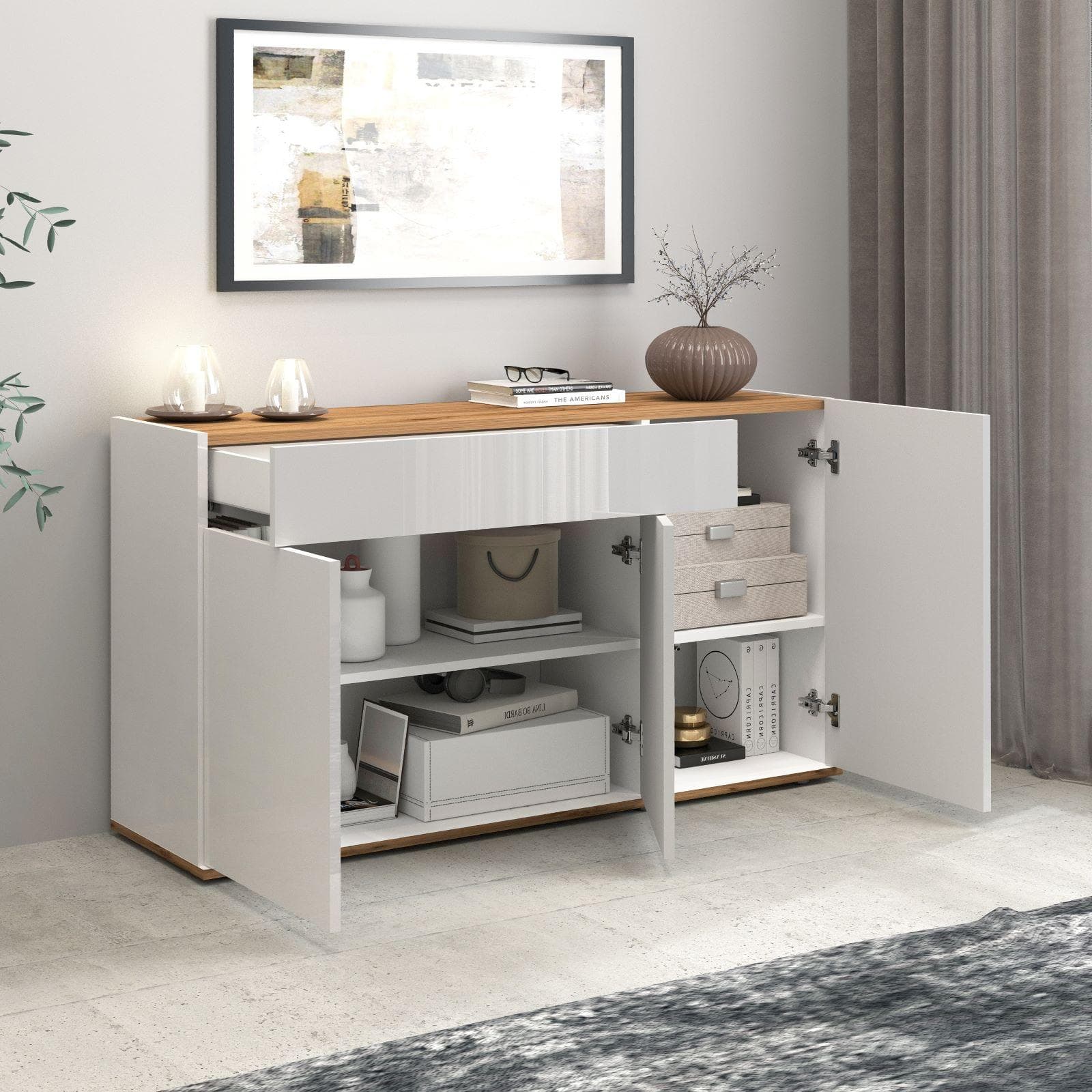 Madia 120x70h cm bianco lucido top rovere wotan con 3 ante 1 cassetto - Loira
