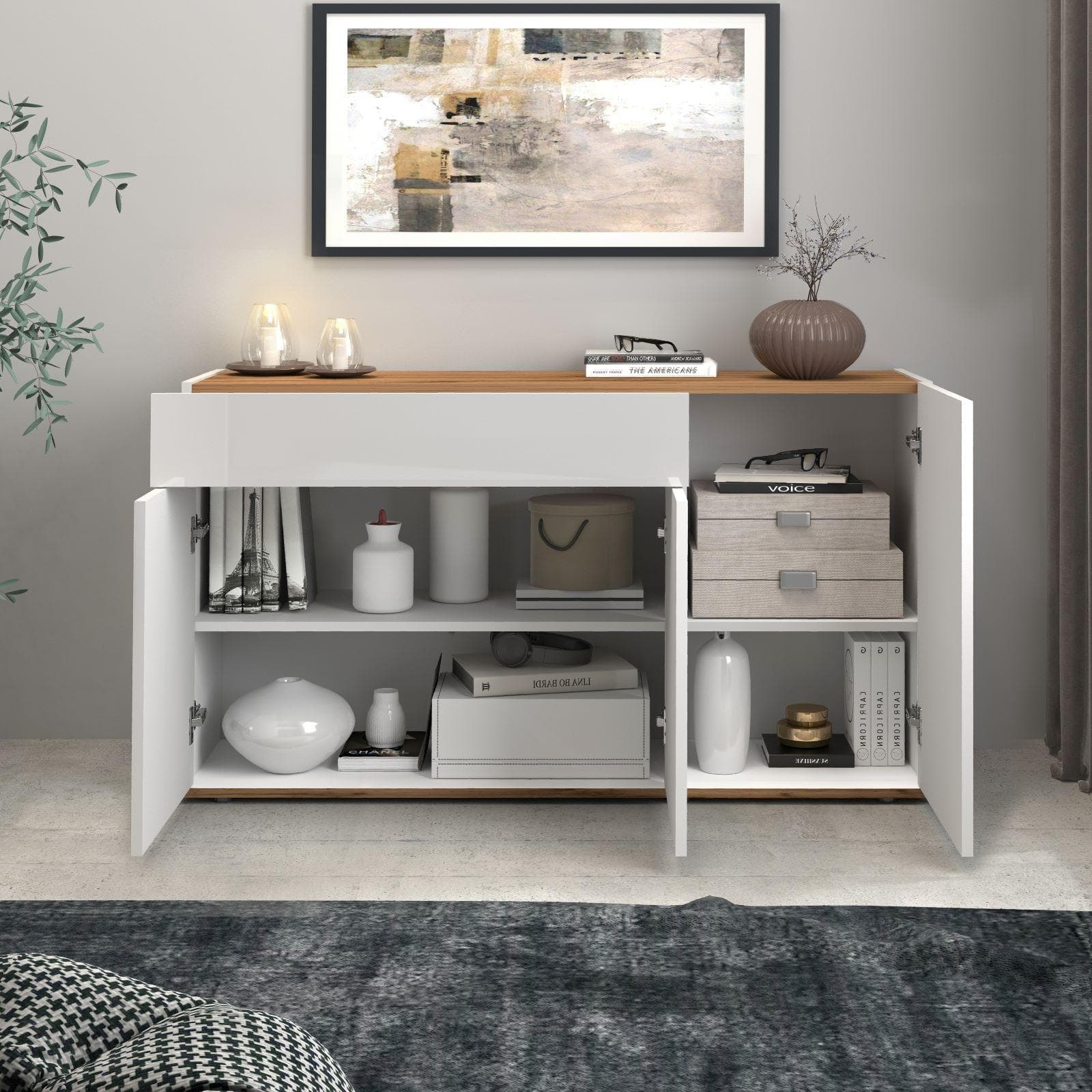 Madia 120x70h cm bianco lucido top rovere wotan con 3 ante 1 cassetto - Loira