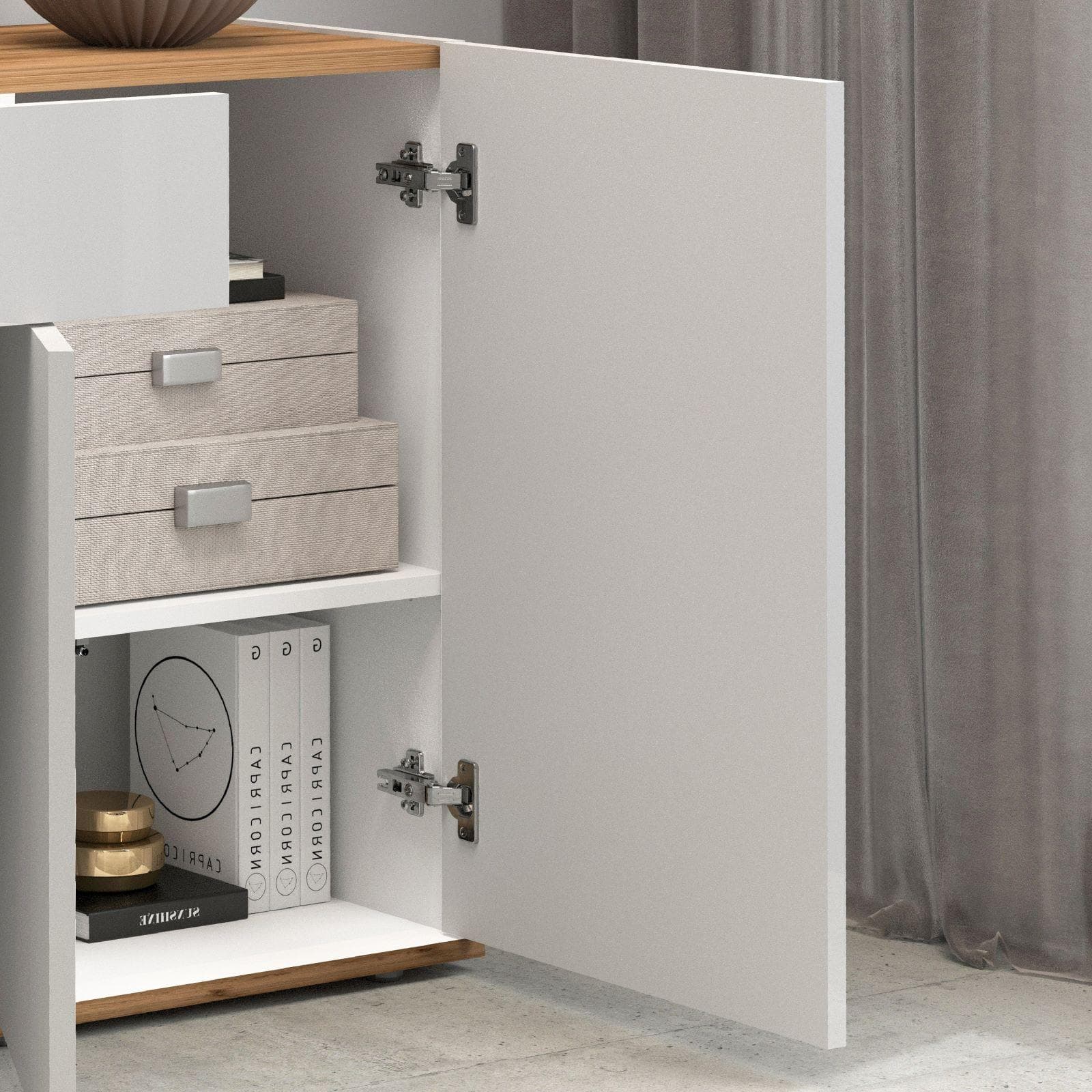 Madia 120x70h cm bianco lucido top rovere wotan con 3 ante 1 cassetto - Loira