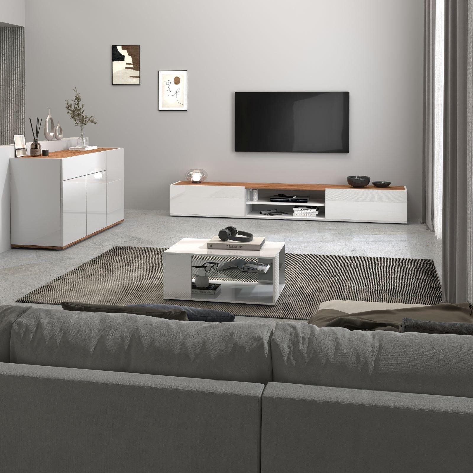 Madia 120x70h cm bianco lucido top rovere wotan con 3 ante 1 cassetto - Loira