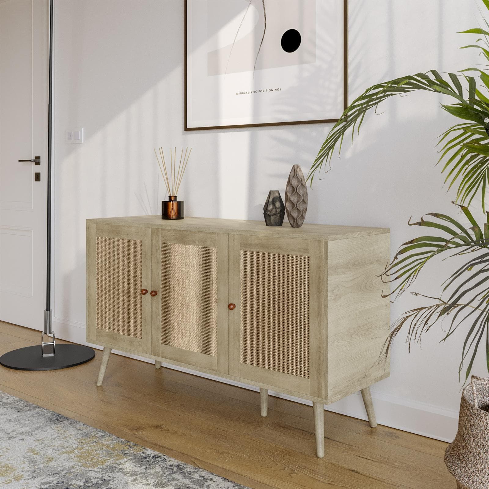 Madia 120x71h cm in legno naturale con 3 ante in rattan - Boheme