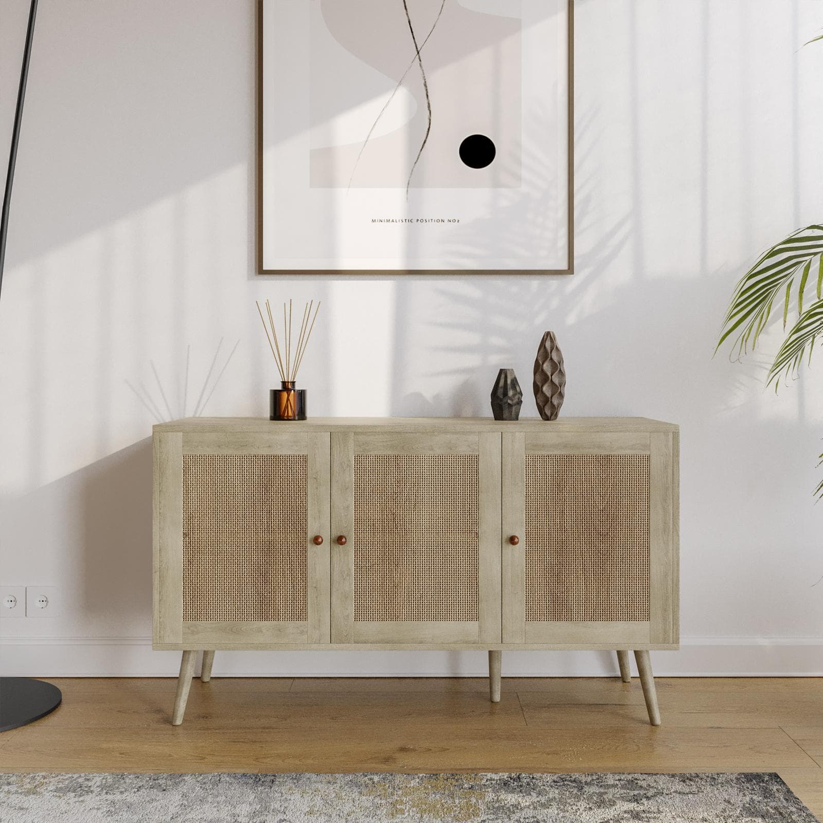 Madia 120x71h cm in legno naturale con 3 ante in rattan - Boheme