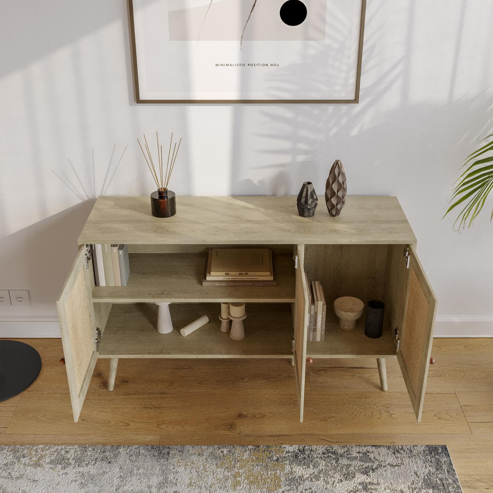 Madia 120x71h cm in legno naturale con 3 ante in rattan - Boheme