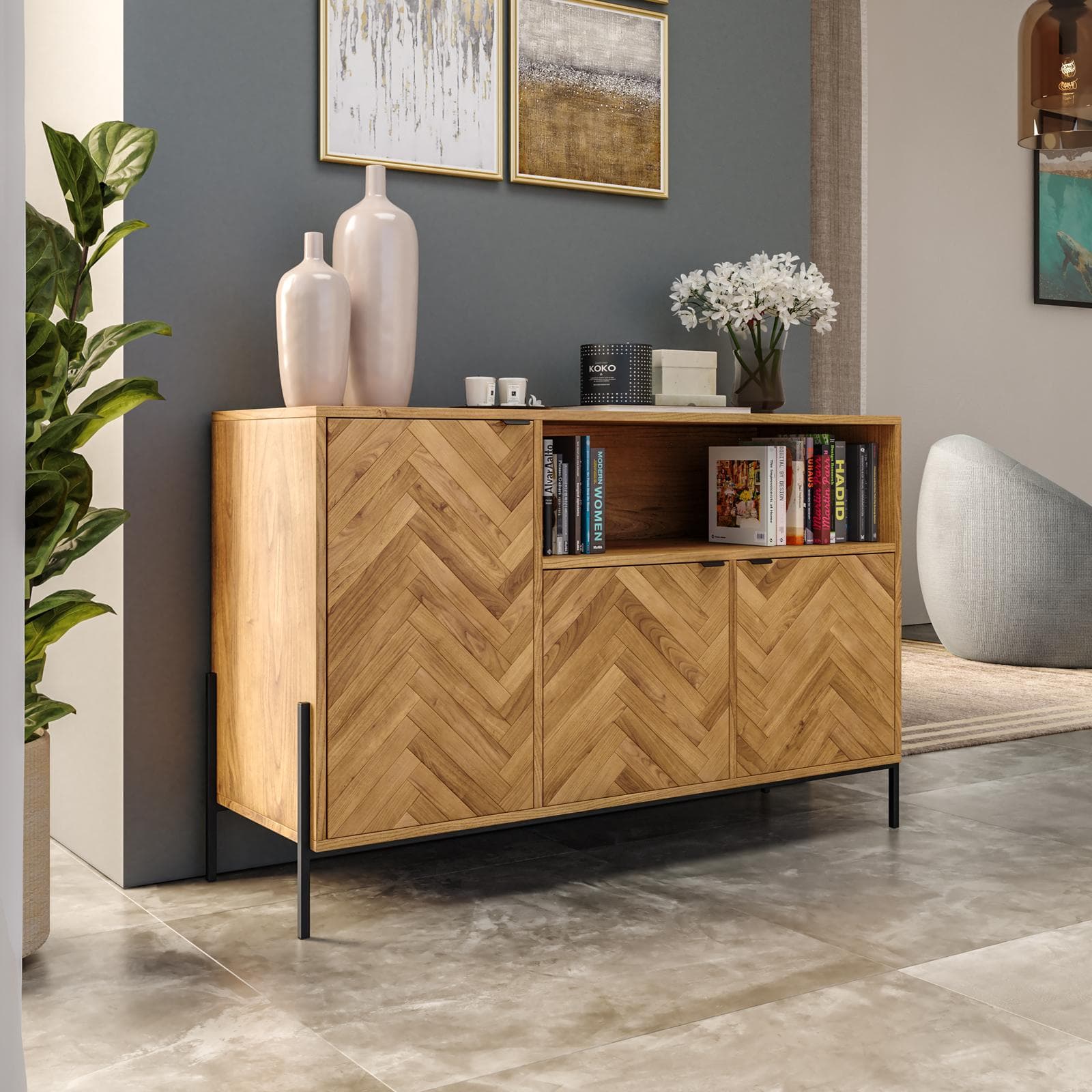 Madia 120x76h cm in rovere chiaro effetto parquet con 3 ante e struttura in metallo nero opaco - Mufasa