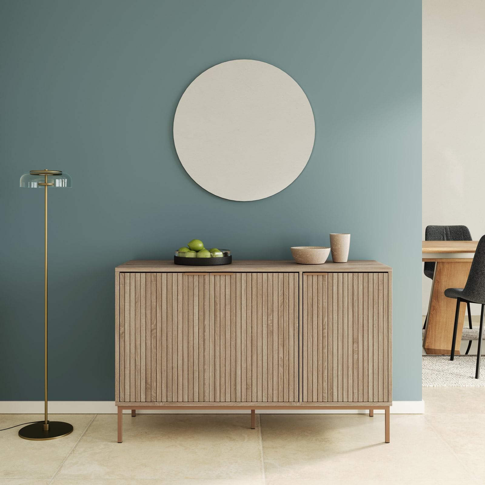 Madia 120x76h cm rovere cannettato con 3 ante e struttura in acciaio oro bronzato - Kloser