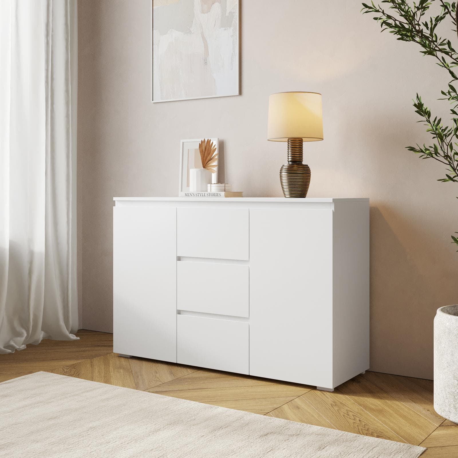 Madia 120x80h cm bianco con 2 ante e 3 cassetti - Jules
