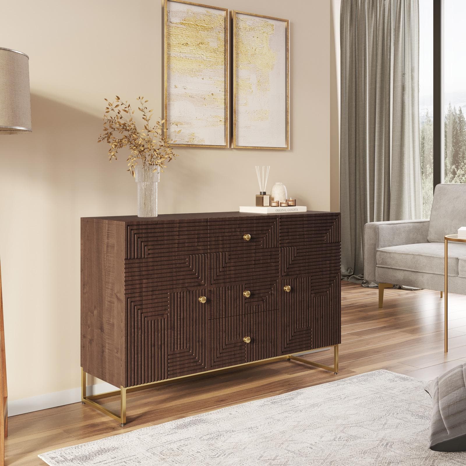 Madia 120x80h cm in legno di mango cannettato e metallo con 2 ante e 3 cassetti - Lysandra