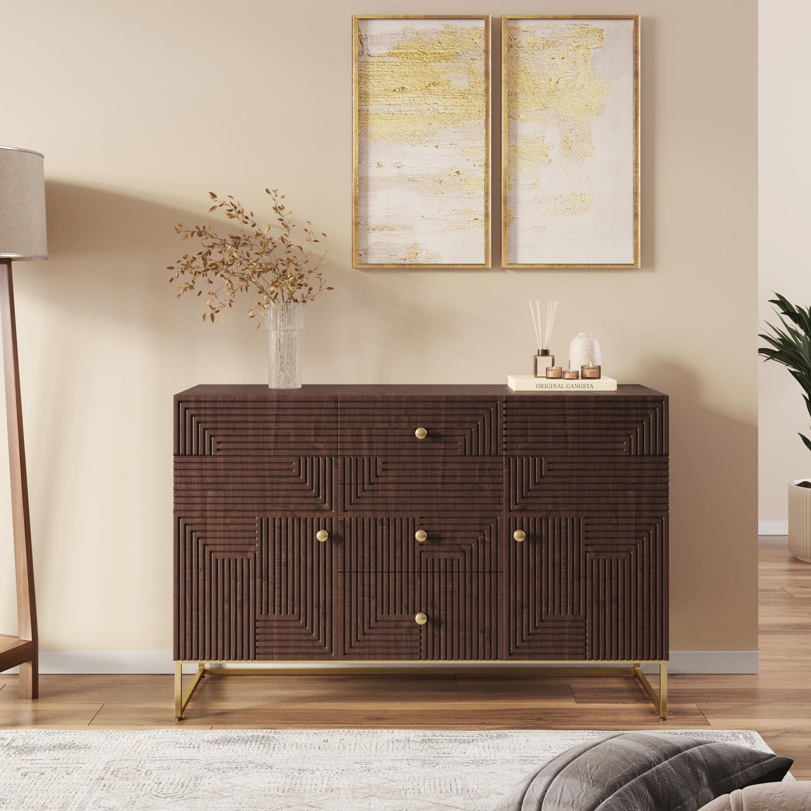 Madia 120x80h cm in legno di mango cannettato e metallo con 2 ante e 3 cassetti - Lysandra
