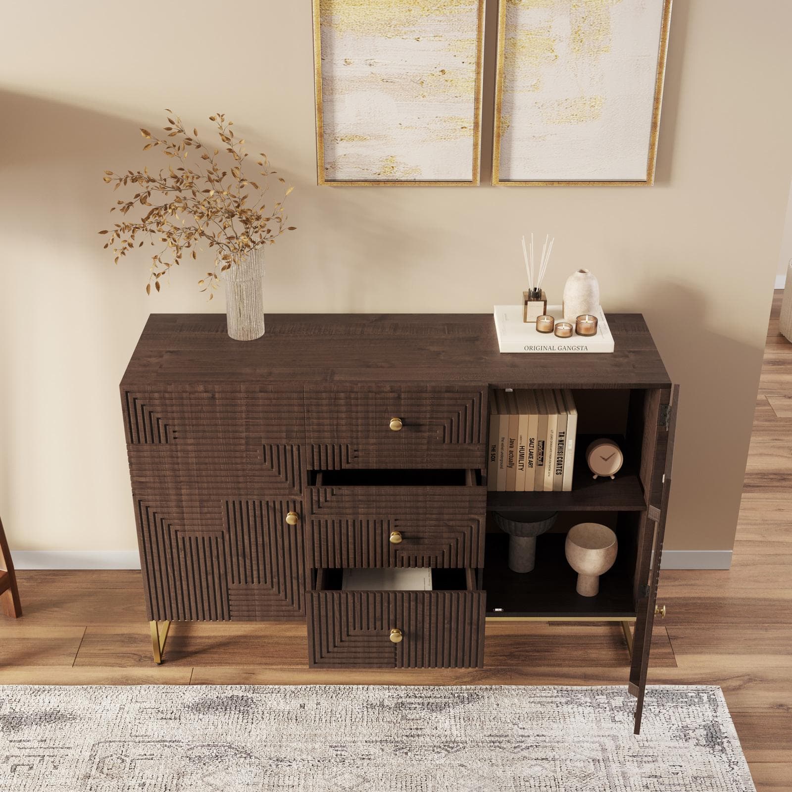 Madia 120x80h cm in legno di mango cannettato e metallo con 2 ante e 3 cassetti - Lysandra