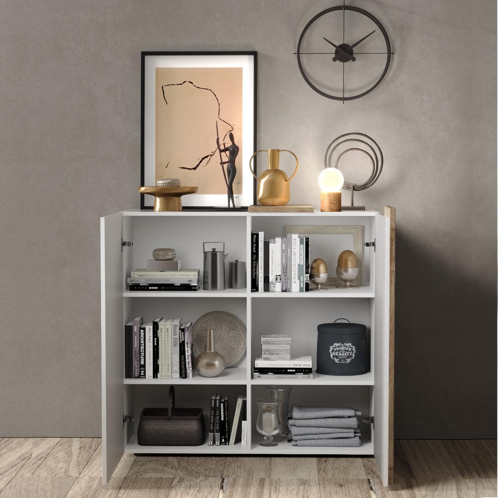 Madia 121 cm con due ante bianco lucido e rovere cadiz - Kendra