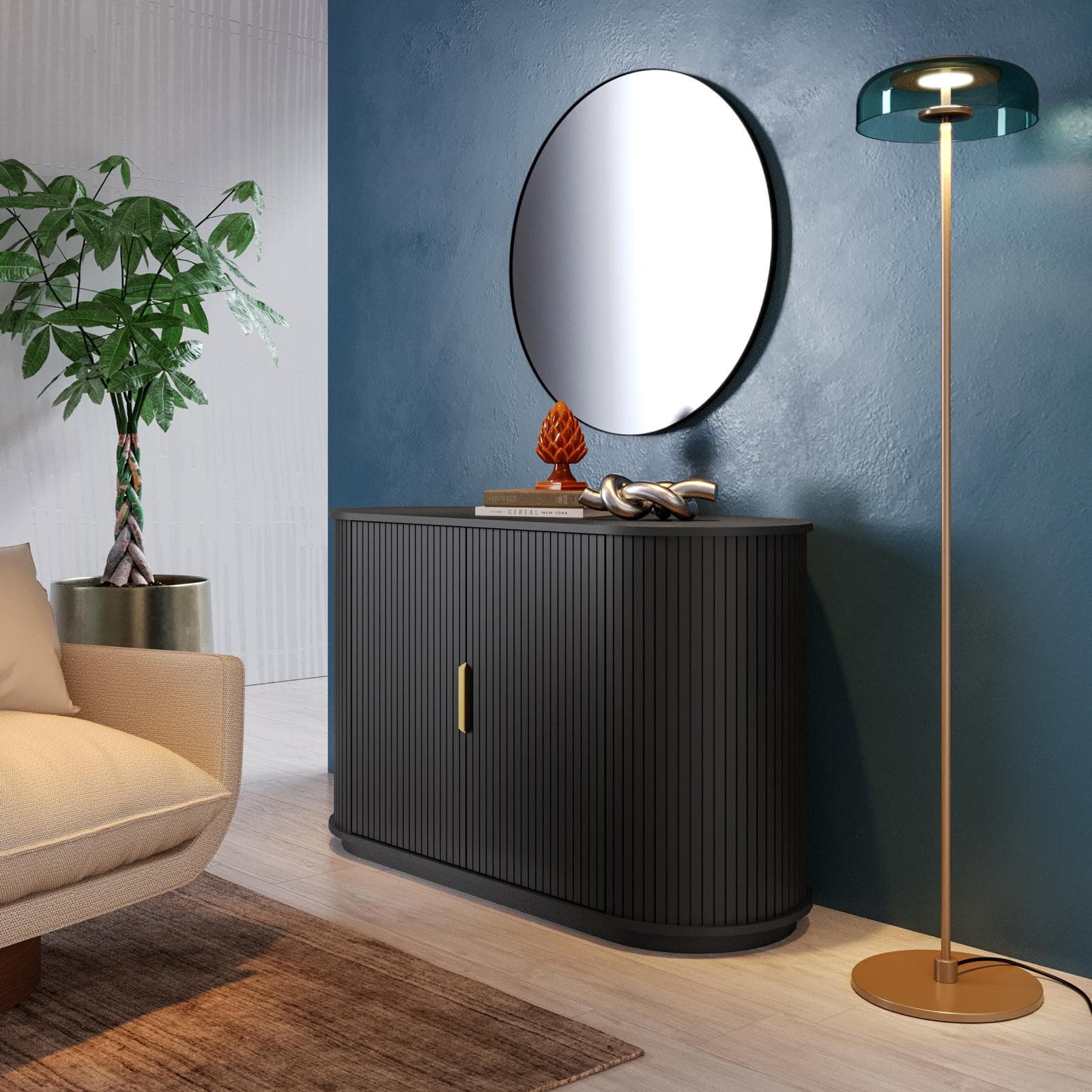Madia 128x77h cm nero cannettato con angoli stondati e 2 ante soft close - Phema