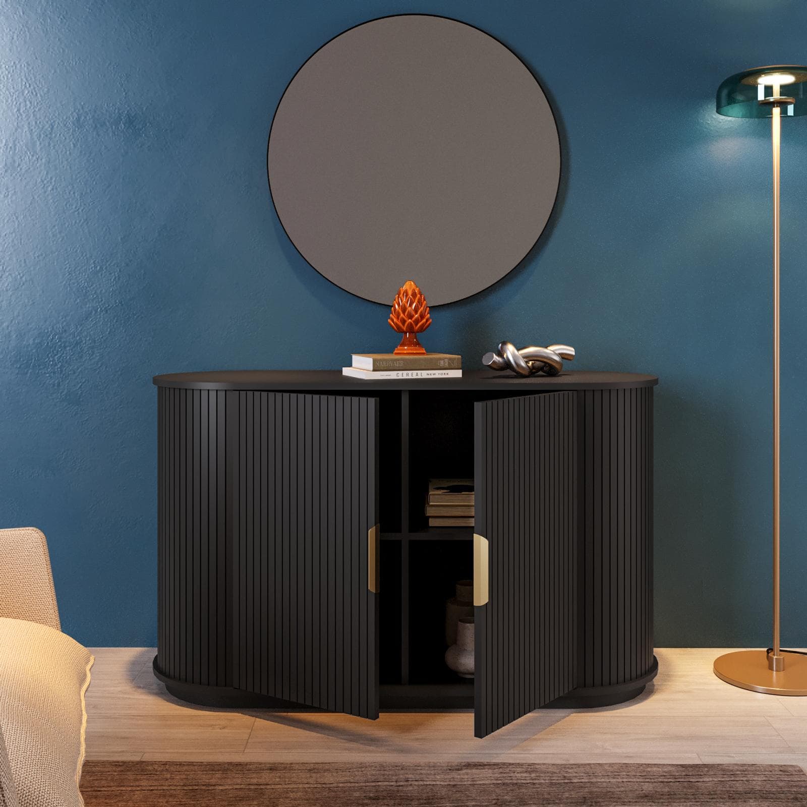 Madia 128x77h cm nero cannettato con angoli stondati e 2 ante soft close - Phema