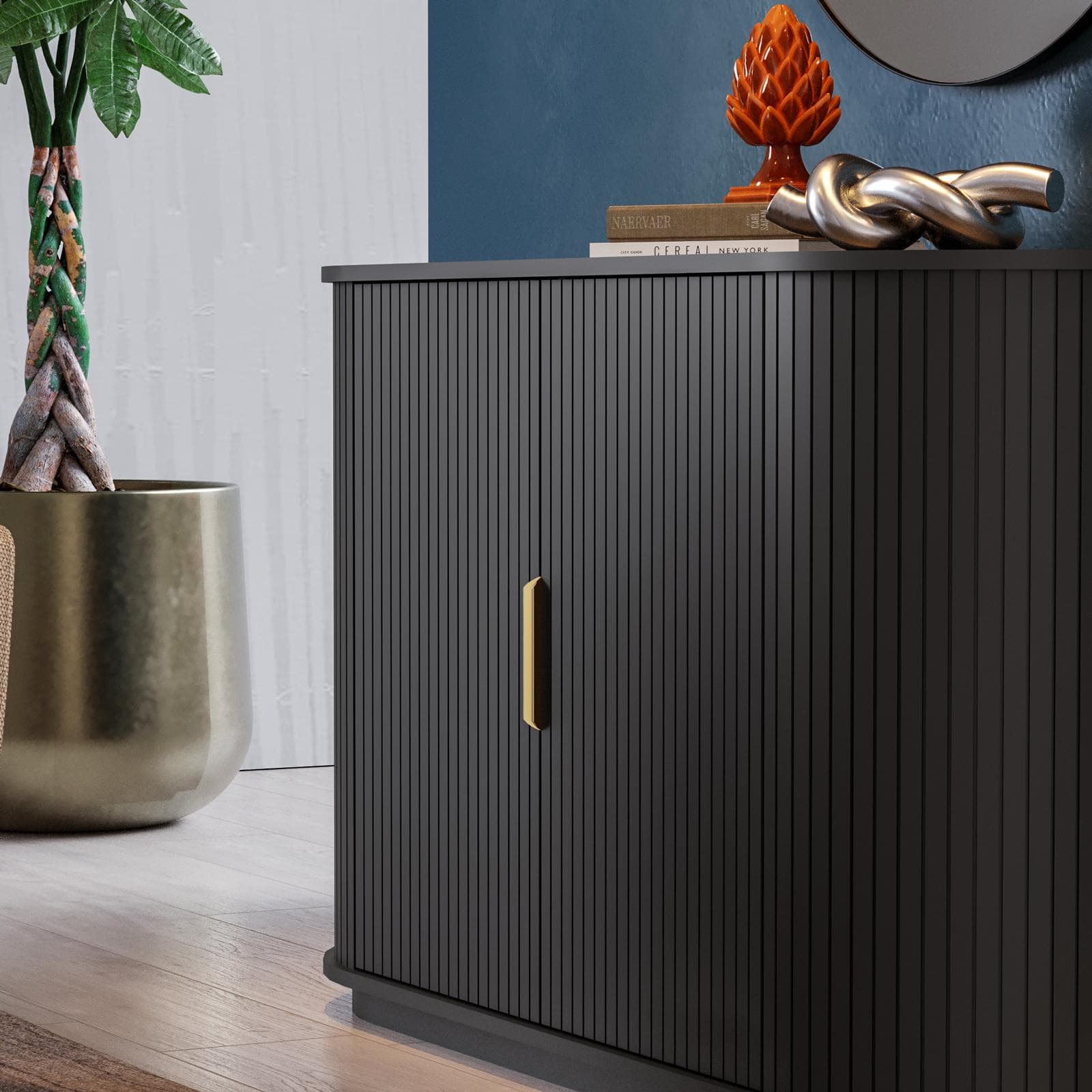 Madia 128x77h cm nero cannettato con angoli stondati e 2 ante soft close - Phema