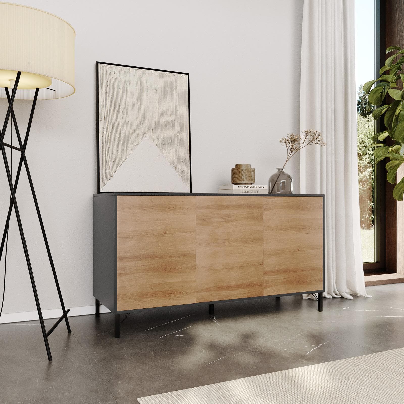 Madia 133x73h cm effetto quercia austria e antracite con 3 ante - Luky