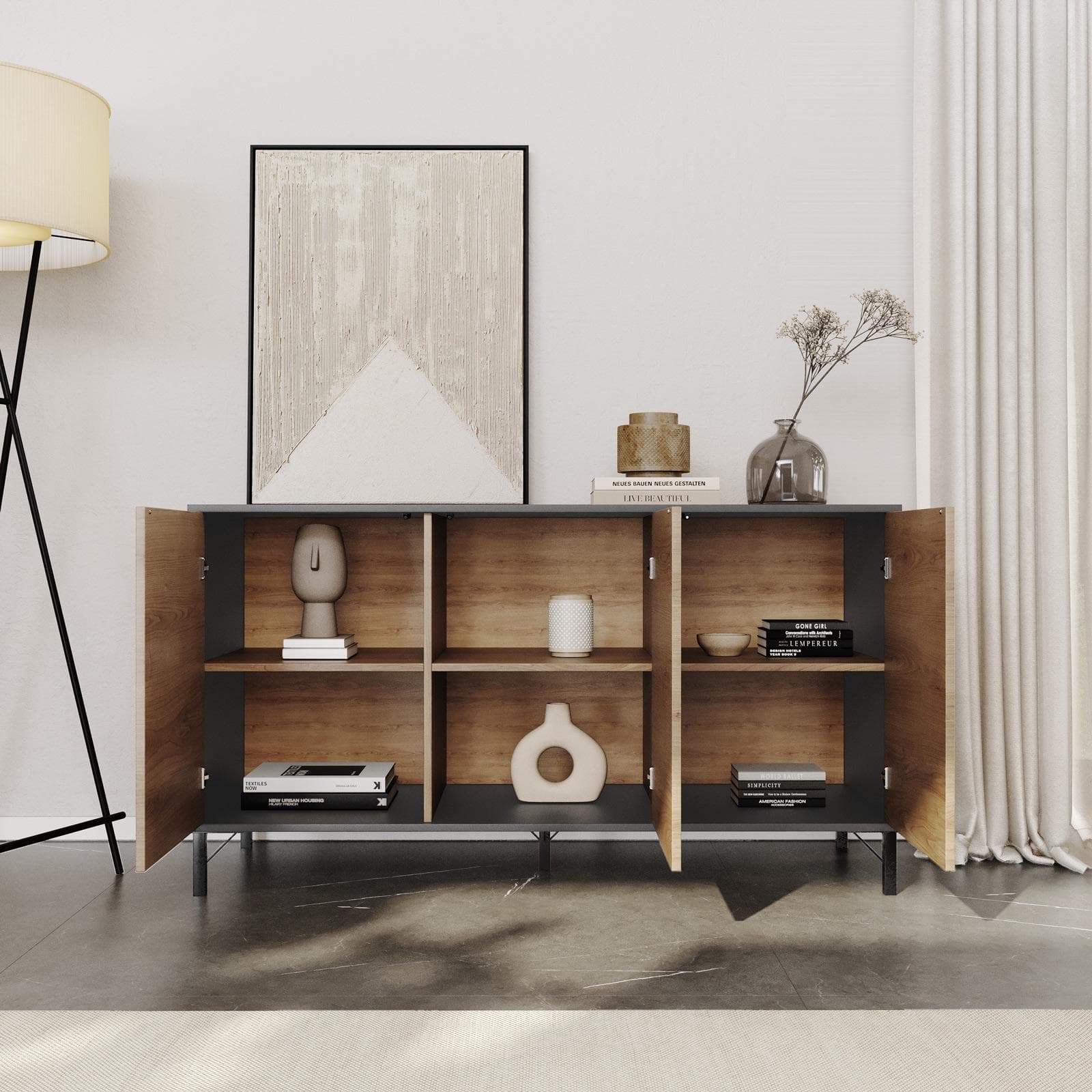 Madia 133x73h cm effetto quercia austria e antracite con 3 ante - Luky