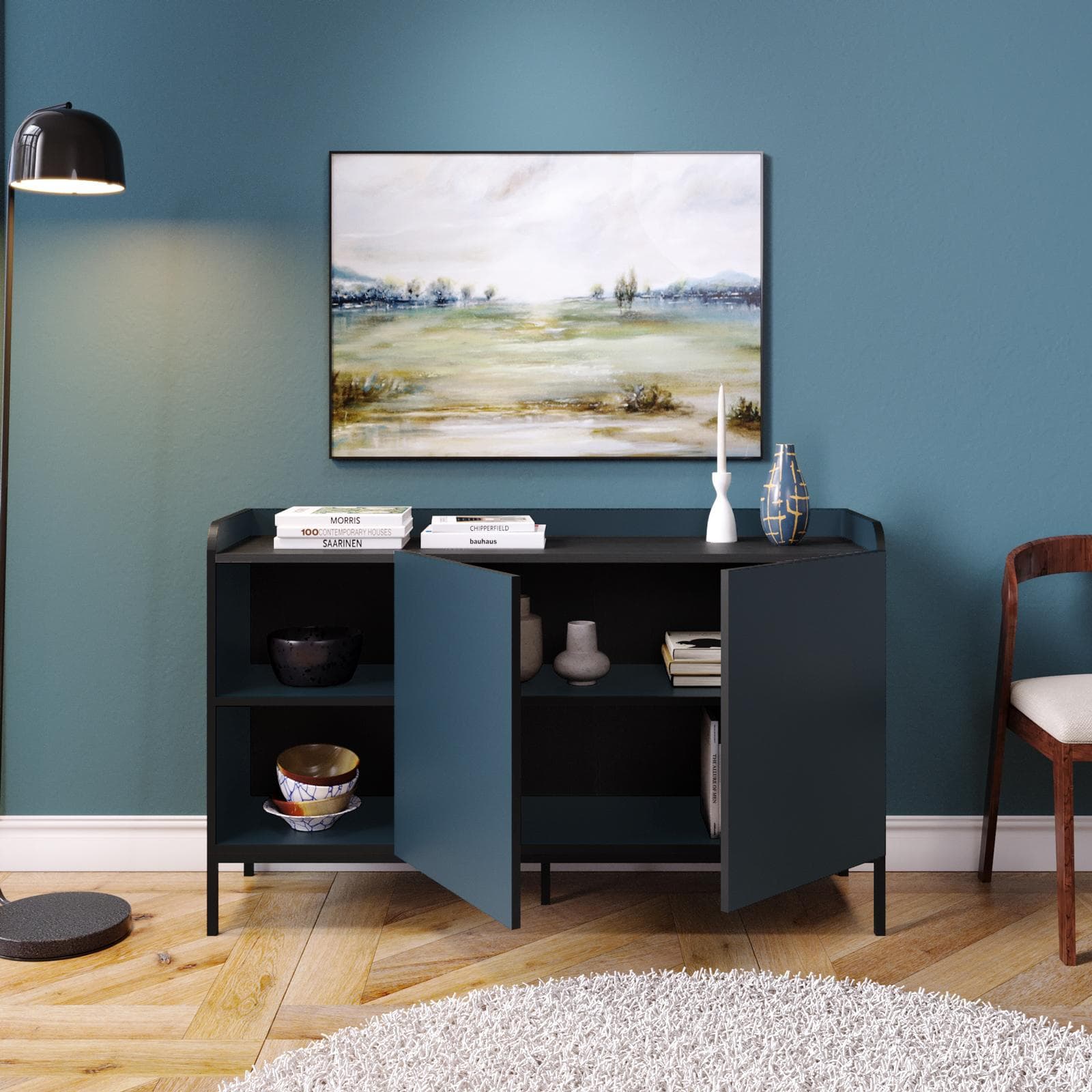 Madia 140x80h cm blu con 2 ante e 2 vani a giorno e gambe in metallo nero - Jewel