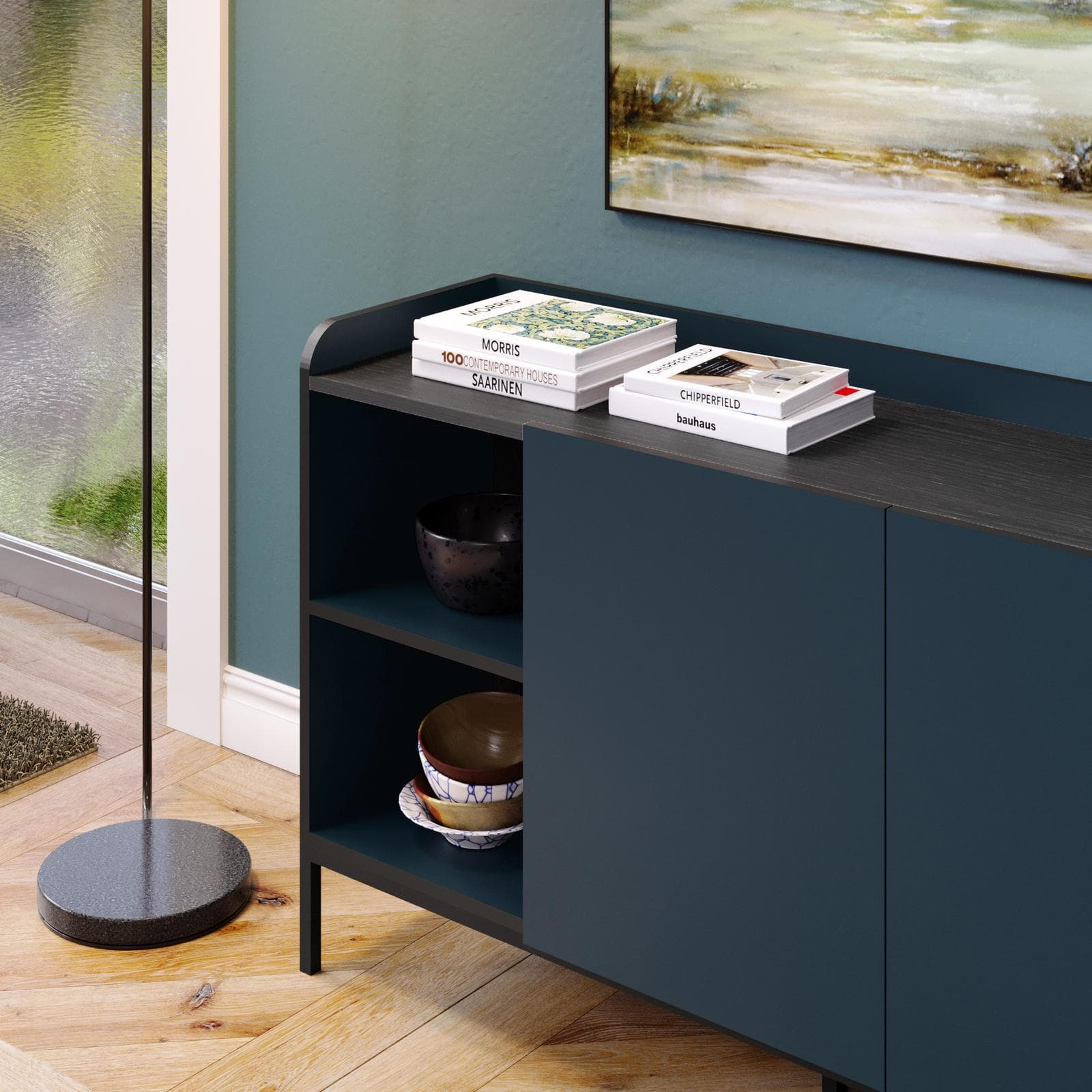 Madia 140x80h cm blu con 2 ante e 2 vani a giorno e gambe in metallo nero - Jewel