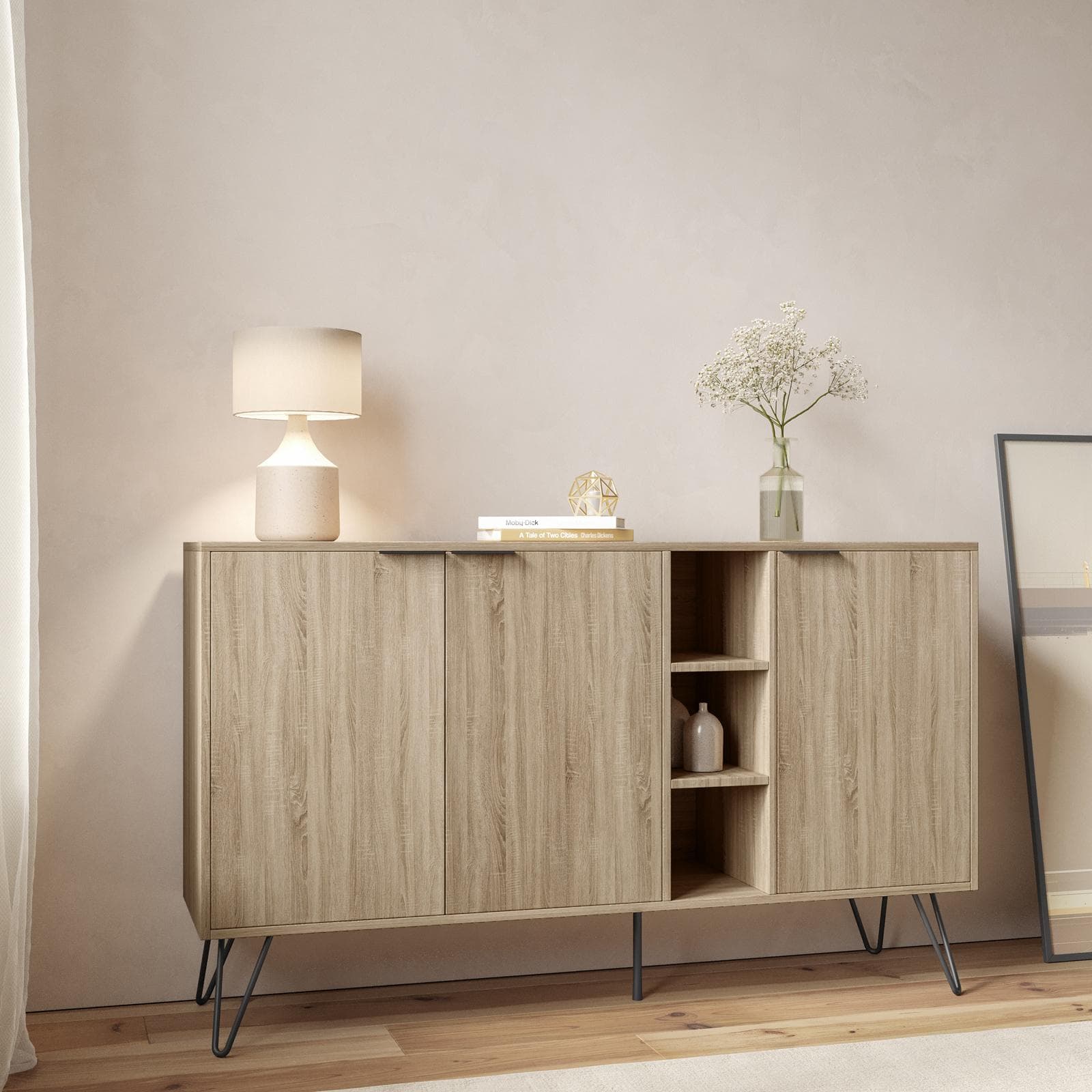 Madia 142x83h cm in legno rovere con 3 ante e vani a giorno - Demat