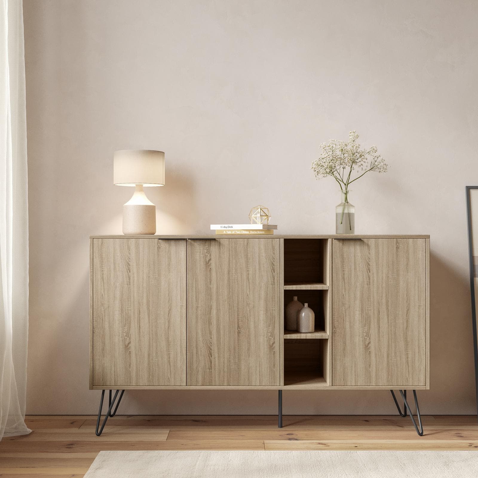 Madia 142x83h cm in legno rovere con 3 ante e vani a giorno - Demat
