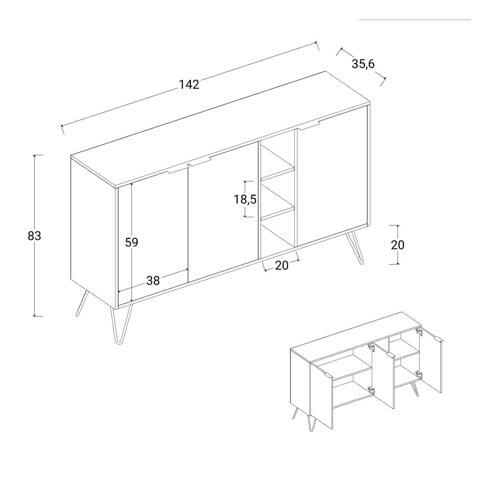 Madia 142x83h cm in legno rovere con 3 ante e vani a giorno - Demat