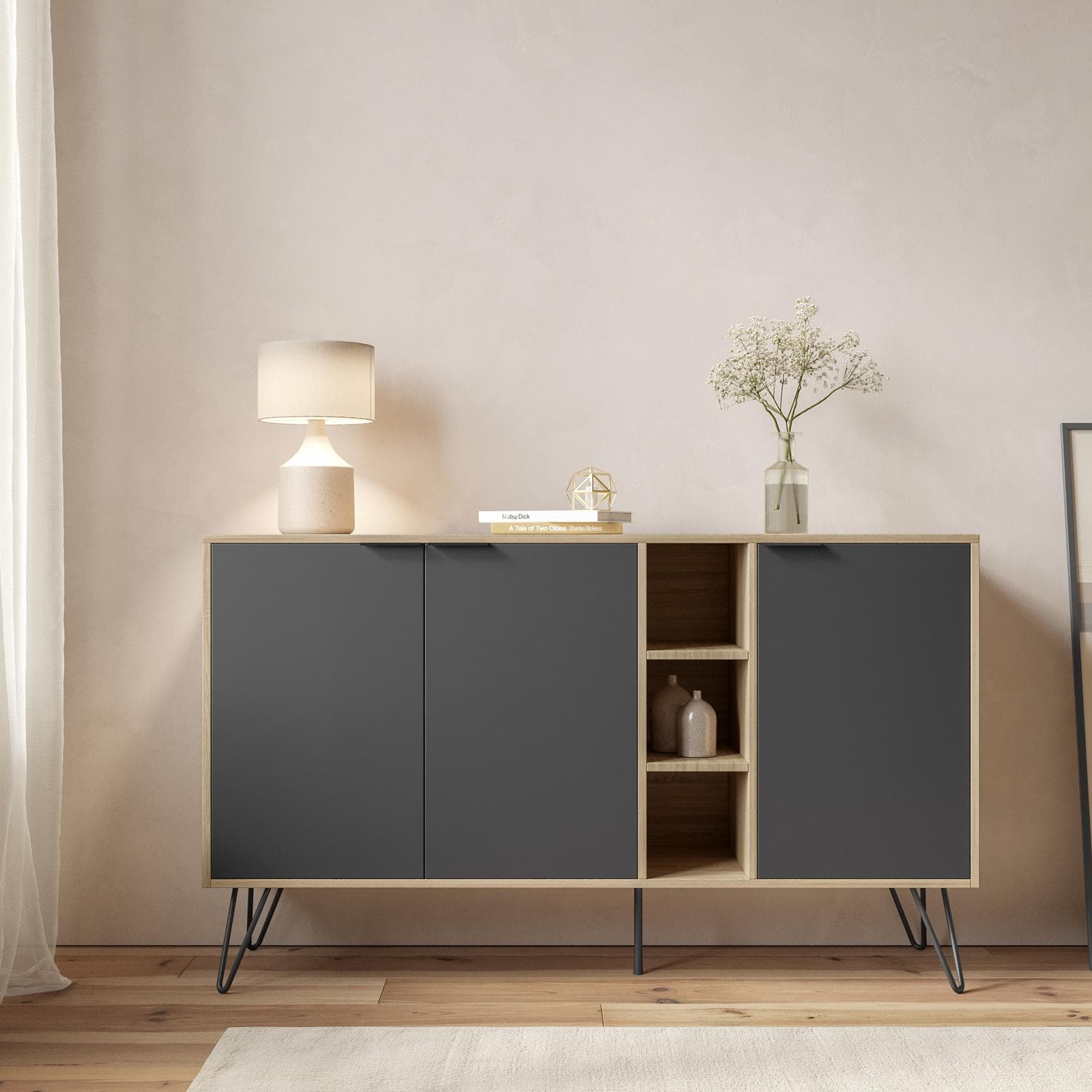 Madia 142x83h cm in legno rovere e antracite con 3 ante e vani a giorno - Demat