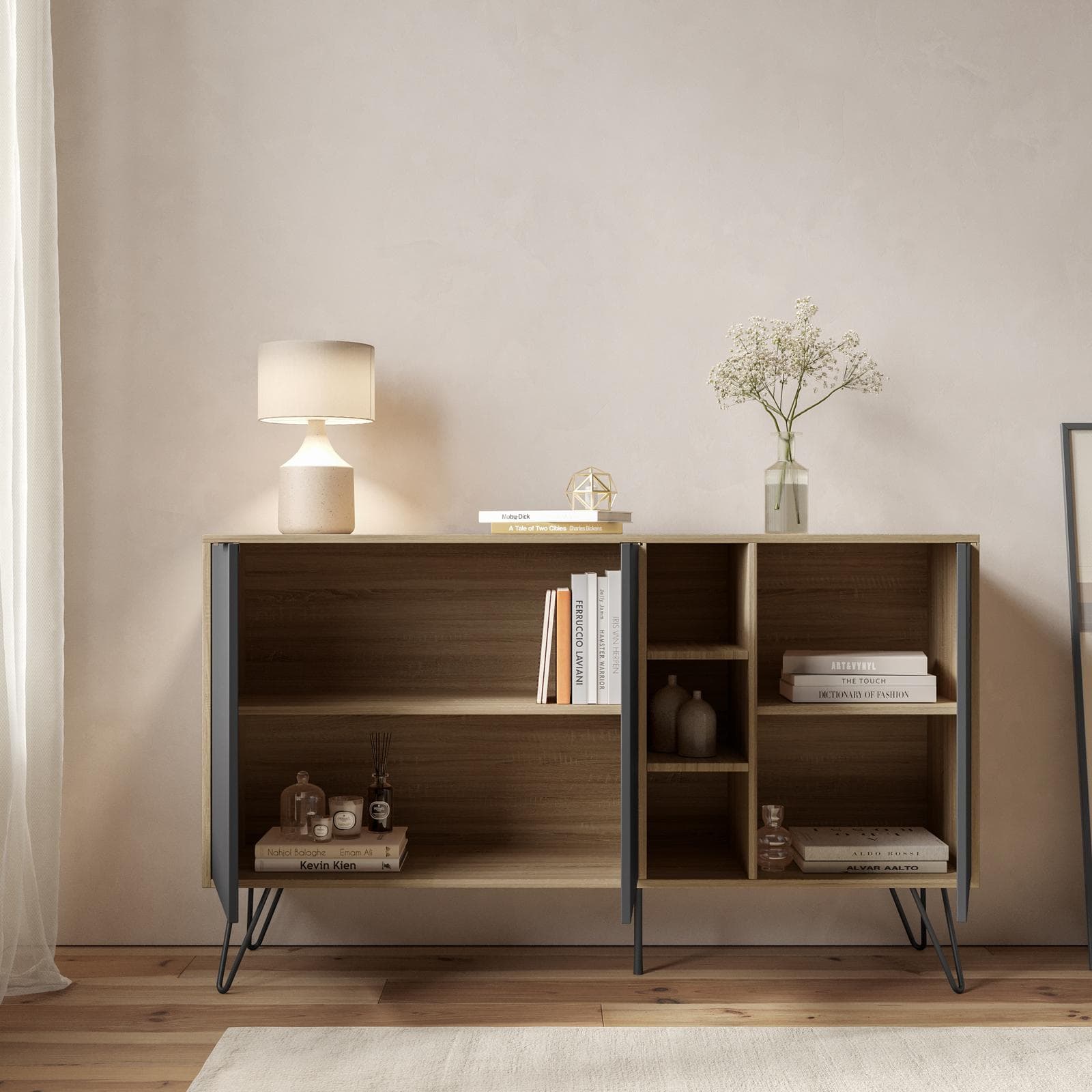 Madia 142x83h cm in legno rovere e antracite con 3 ante e vani a giorno - Demat