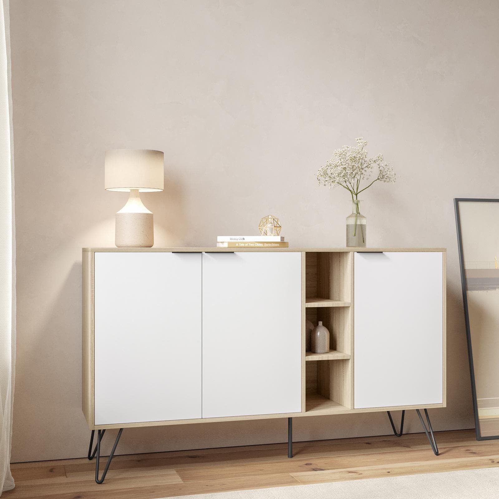 Madia 142x83h cm in legno rovere e bianco con 3 ante e vani a giorno - Demat