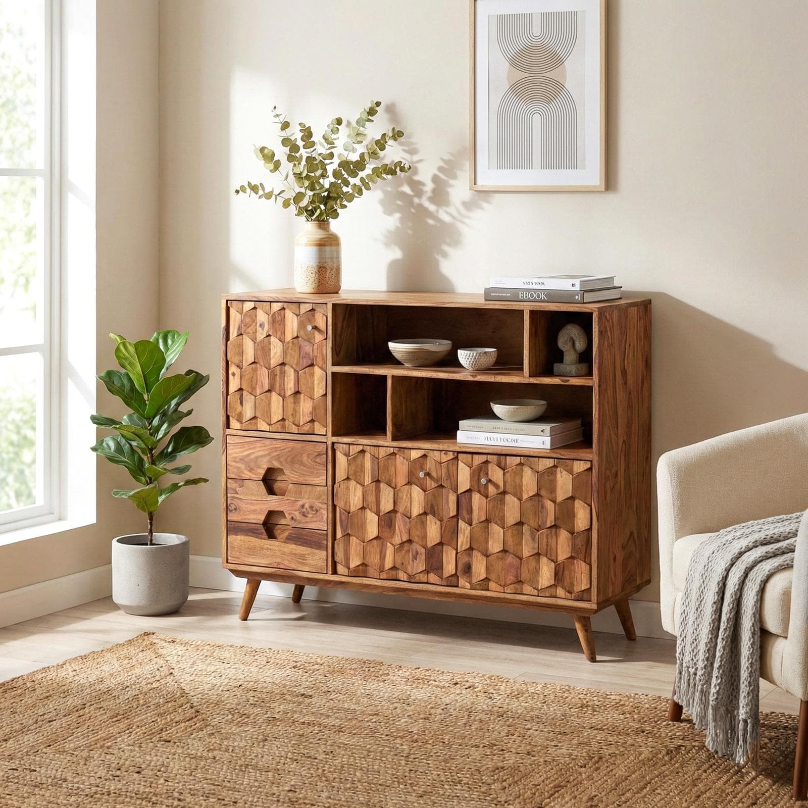 Madia 143x107h in legno con 3 ante e 3 cassetti - Freia Sheesham