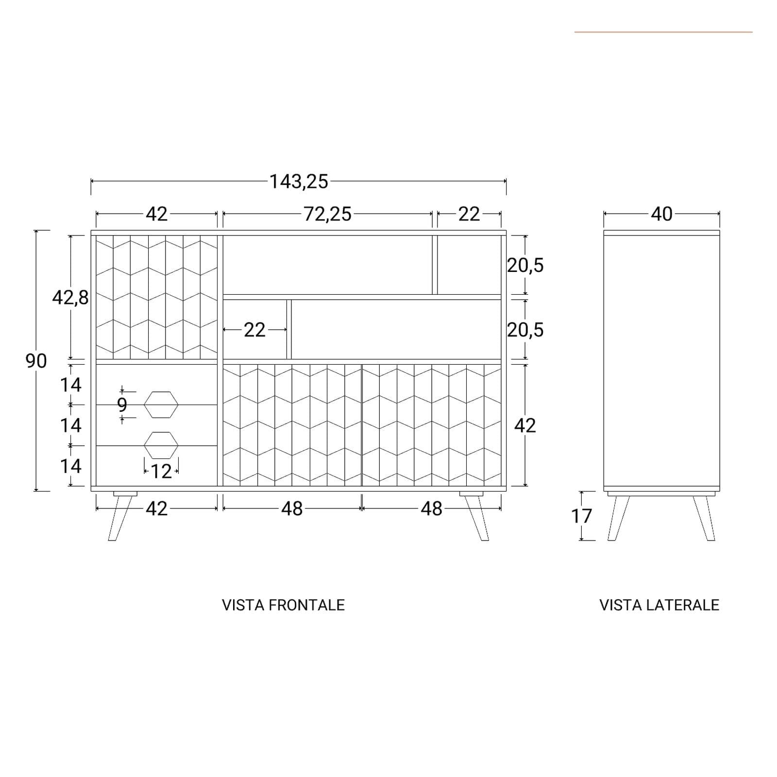 Madia 143x107h in legno con 3 ante e 3 cassetti - Freia Sheesham