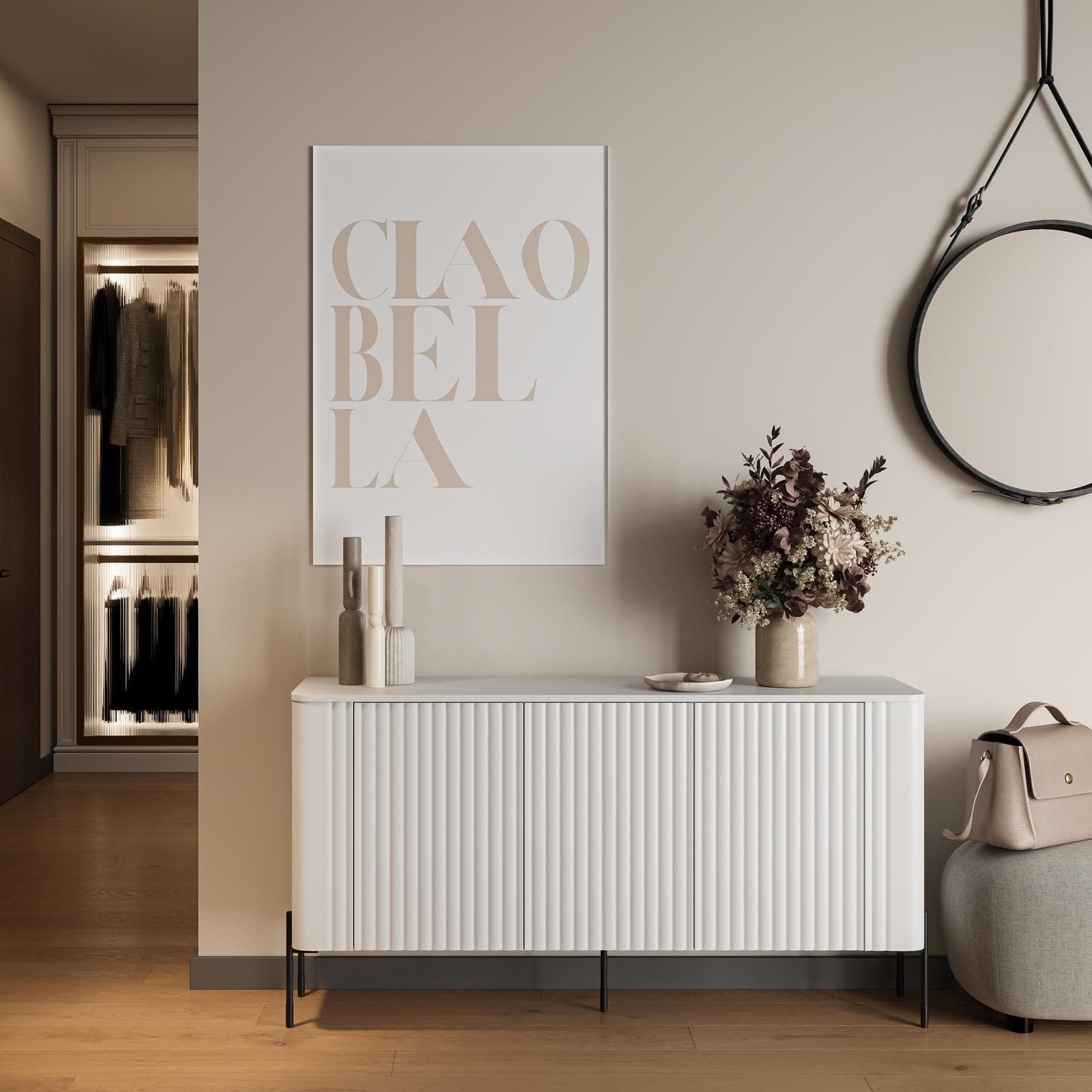Madia 150x80h cm bianco cannettato 3 ante e gambe in metallo nero con angoli stondati - Niclas