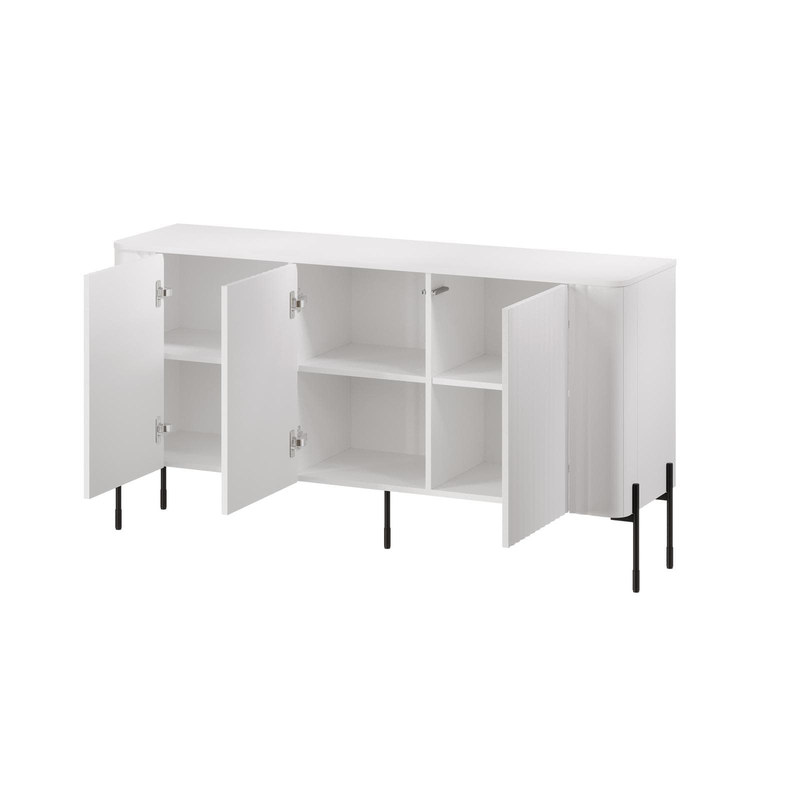 Madia 150x80h cm bianco cannettato 3 ante e gambe in metallo nero con angoli stondati - Niclas