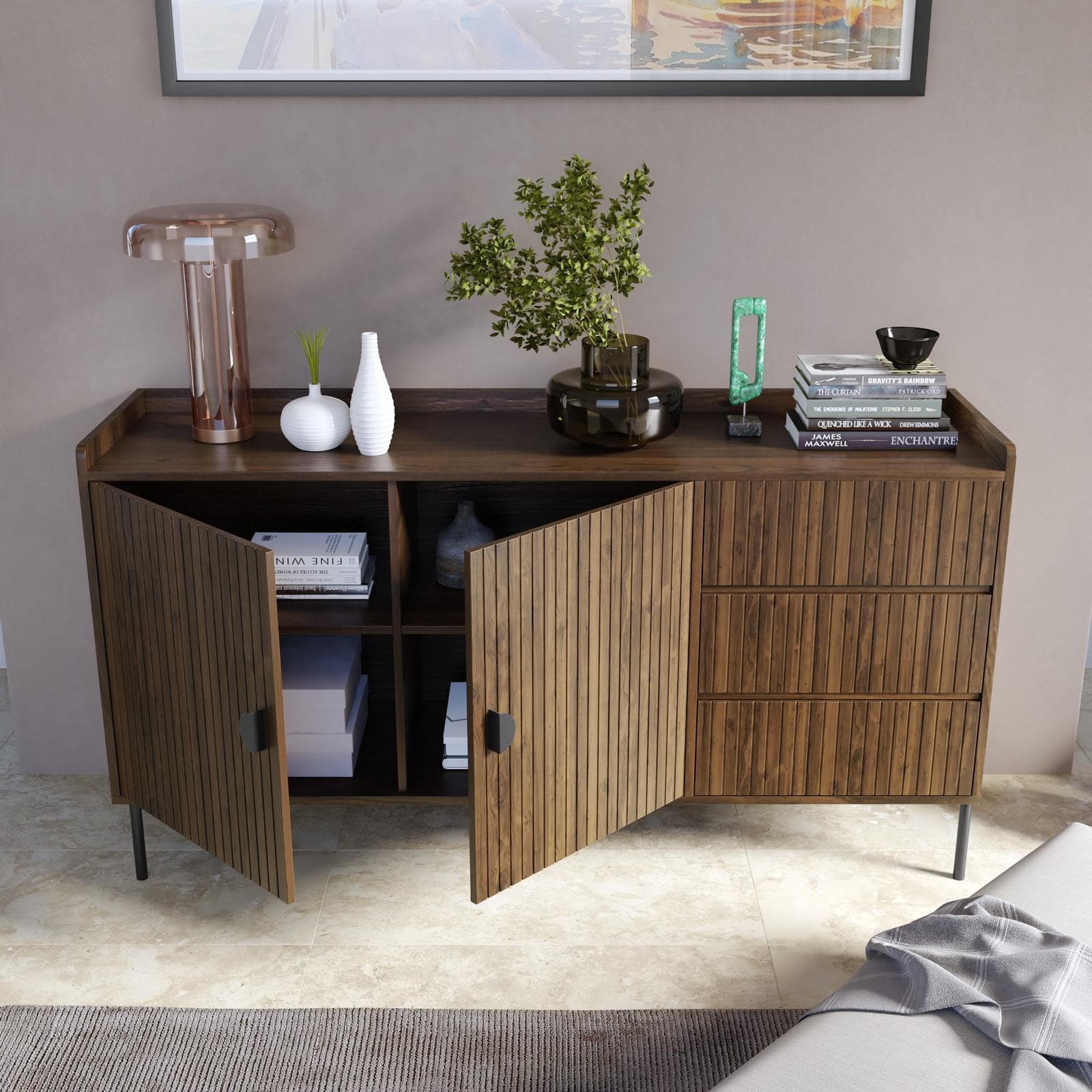 Madia 150x80h cm con 2 ante e 3 cassetti soft close noce cannettato e gambe in metallo nero - Ozma