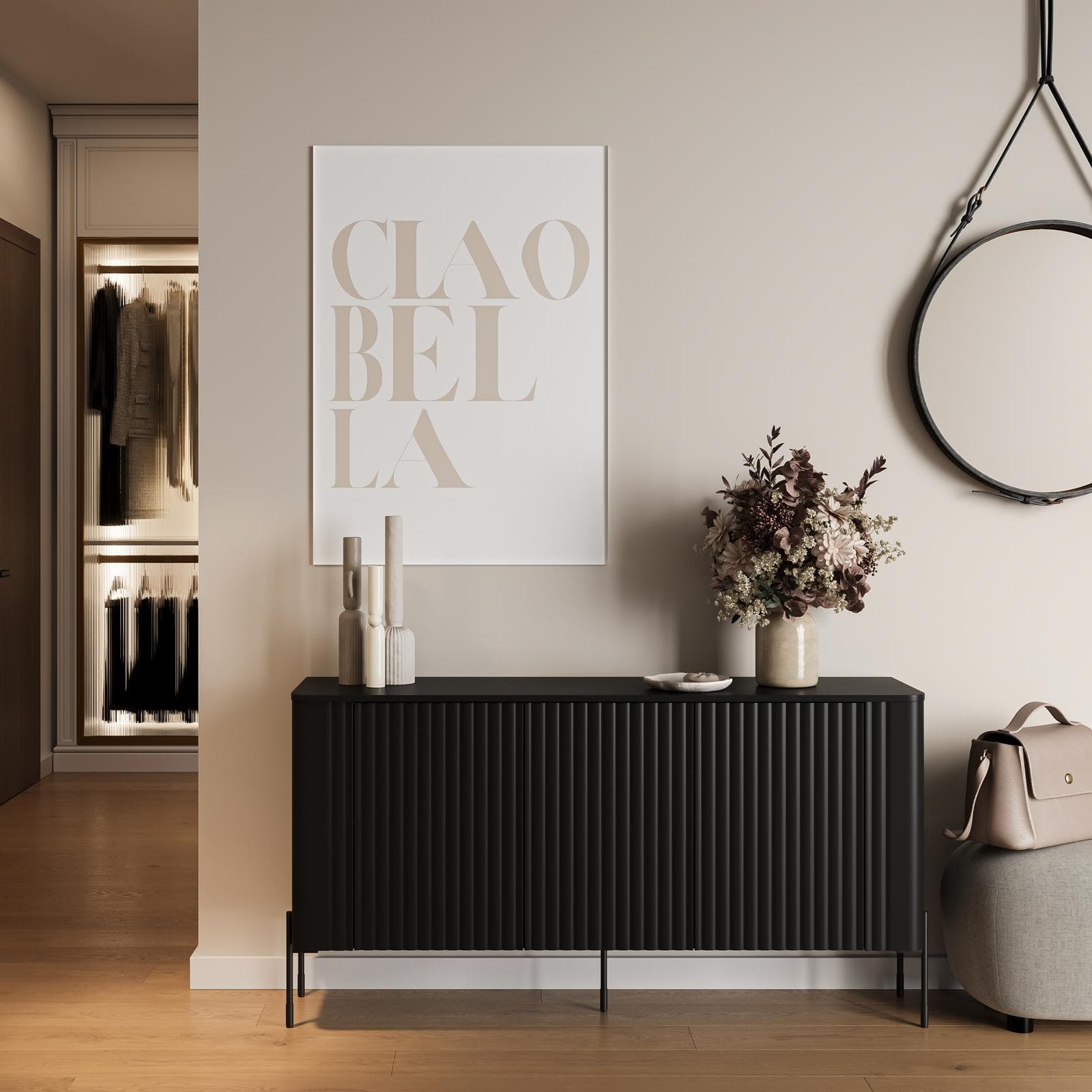 Madia 150x80h cm nero cannettato 3 ante e gambe in metallo nero con angoli stondati - Niclas