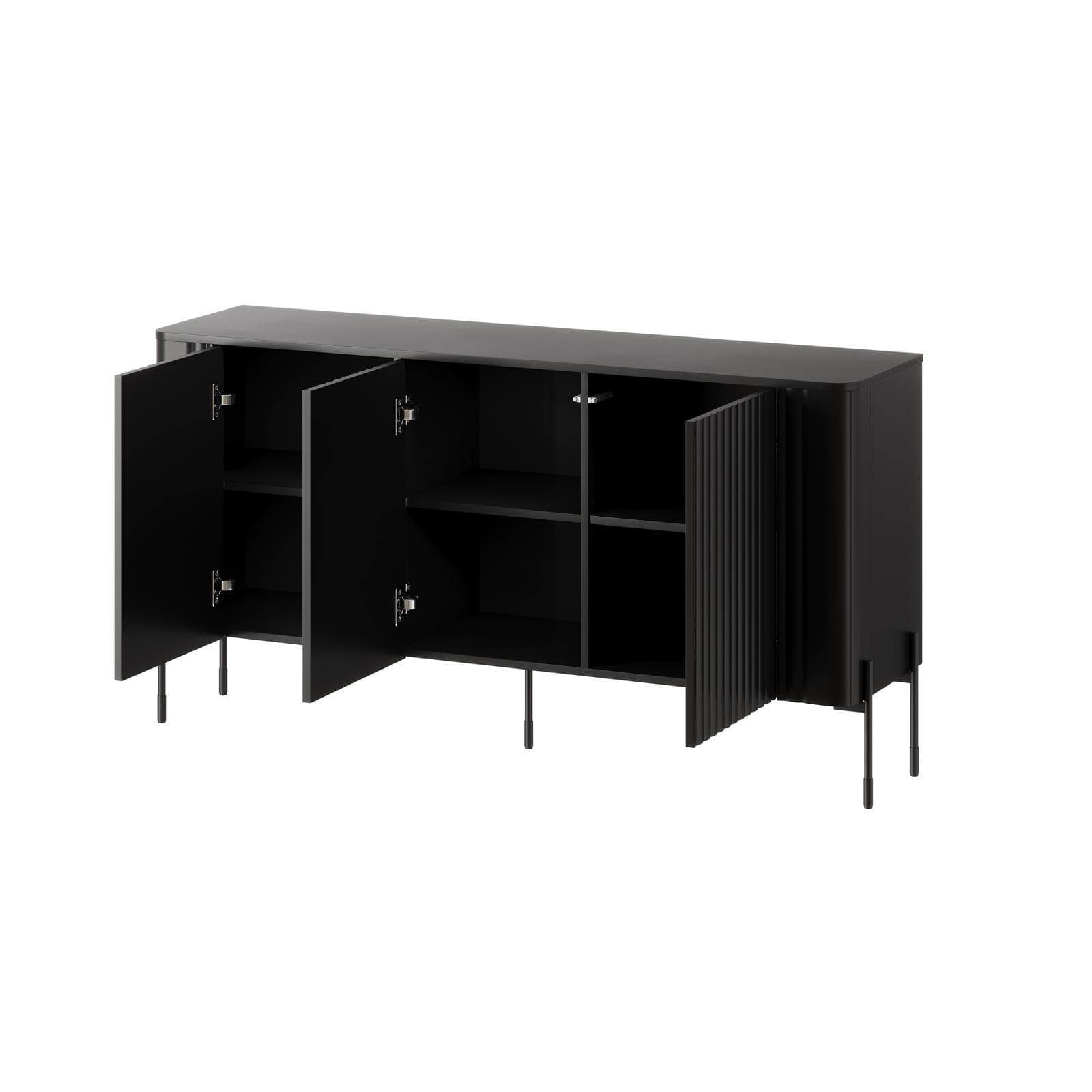 Madia 150x80h cm nero cannettato 3 ante e gambe in metallo nero con angoli stondati - Niclas